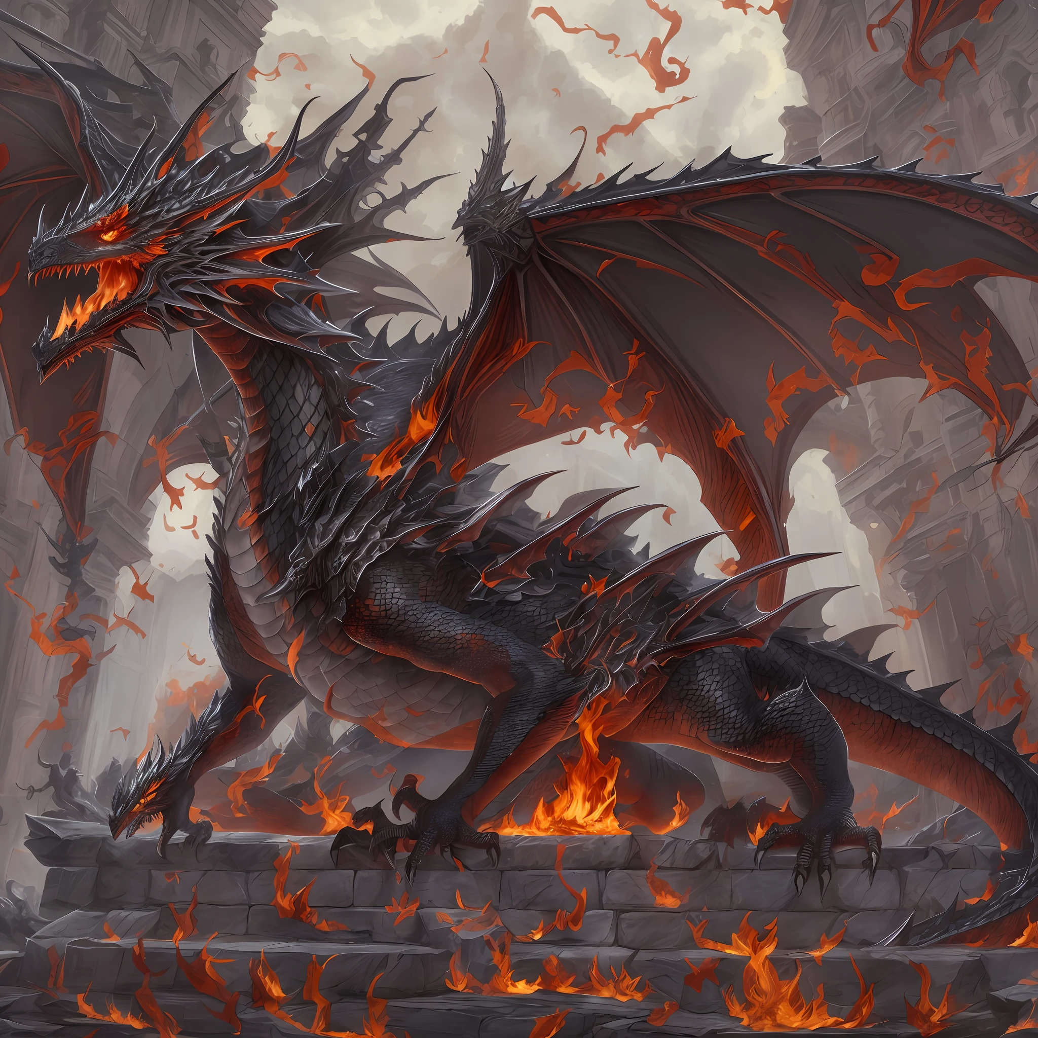 (absurdres, highres, ultra detailed),(Masterpiece, best quality:1.2),1 dragon,black armoured scales,huge wings,red outlines throughout the dragons body,sharp teeth, surrounded by flames, highest quality, absolutely stunning art, extremely detailed