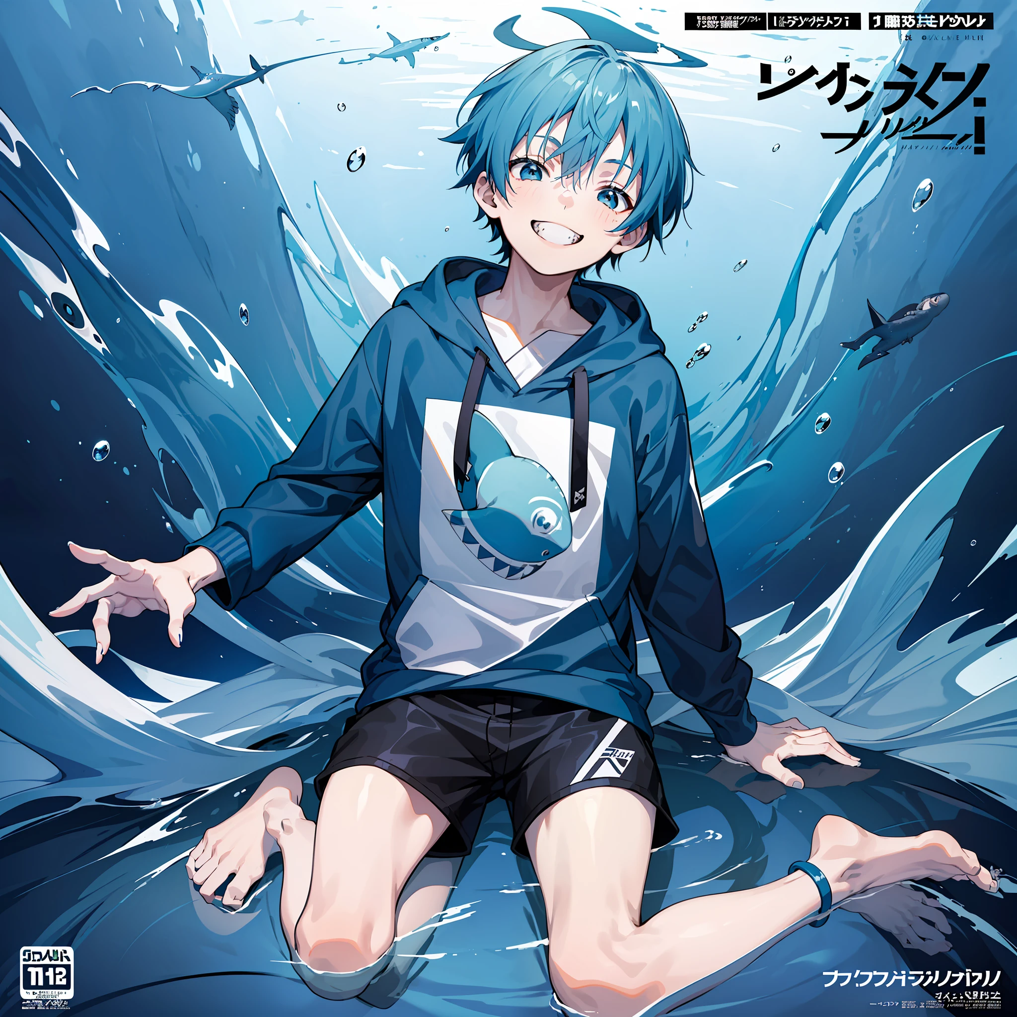 masterpiece, hight quality, full body, (1boy), (Wearing a blue shark tail hoodie), (boy smiling sharp teeth), (Boy Messy Japanese Round Haircut for Thick Hair), (blue hair), black shorts, ((solo)), (magazine:1.3), (cover-style:1.3), fashionable, ( in side tunnel aquarium )