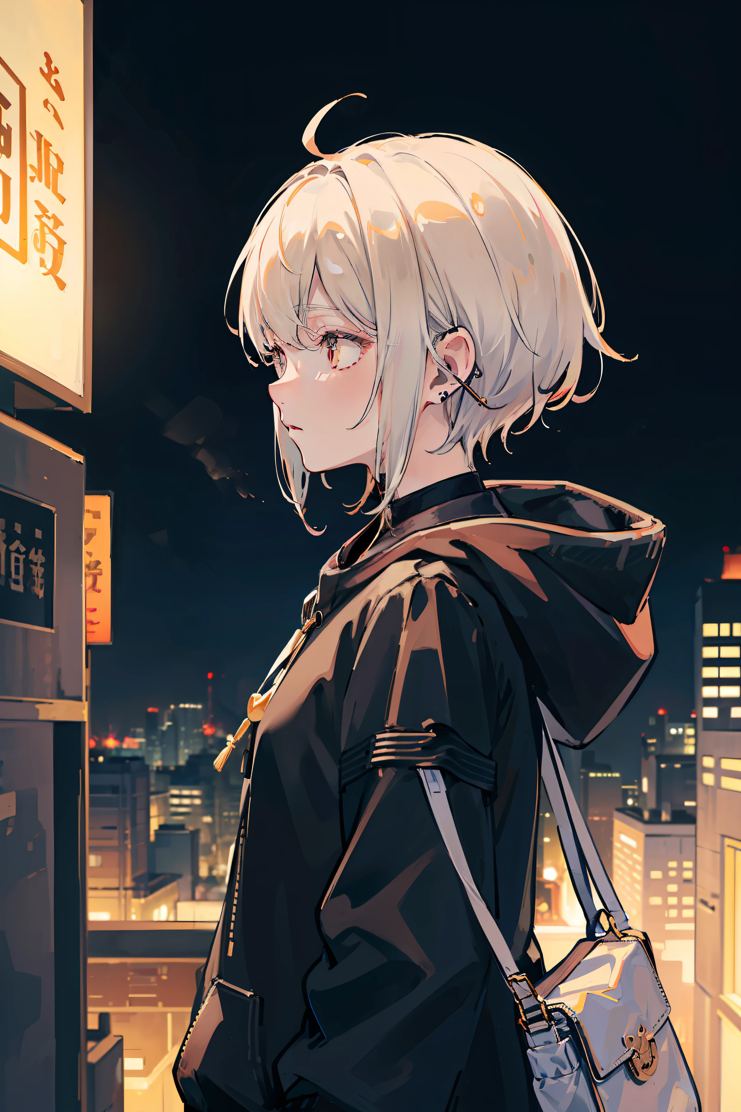 (masutepiece, side lights, Ultra-detailed, ), , Bag, building, From the side Side, ear phone, Hood down, hooded jacket, Hoodie, Jacket, Short hair, profile, 独奏, The upper part of the body, masutepiece, Best Quality，Boyish girls