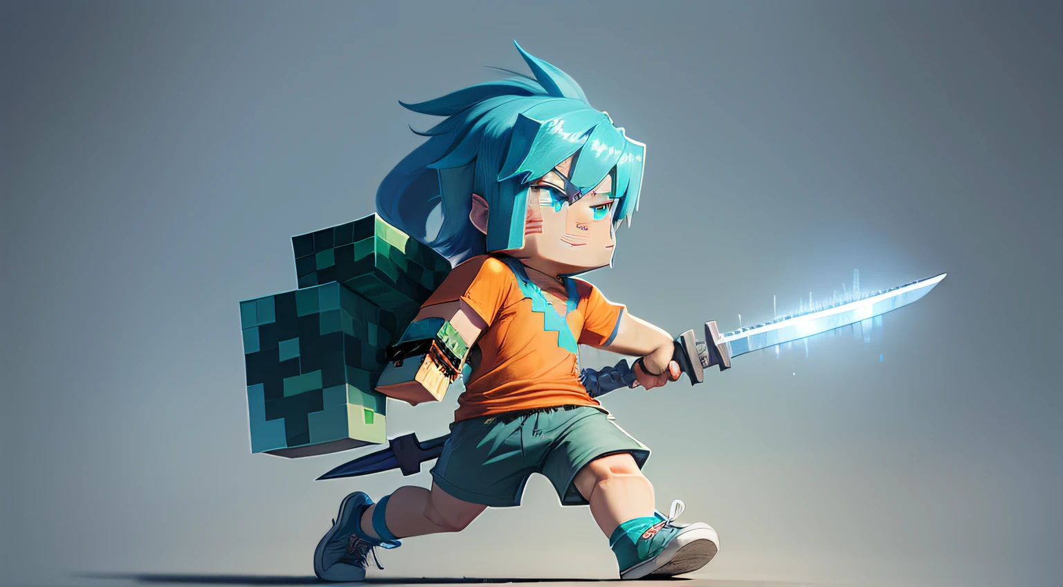 Minecraft skin, with blue hair, orange coat open and a gray shirt underneath, green shorts and shoes with socks, holding a sword pointed upwards, full body, (cartoon) (detailed) (drawing) (minecraft)