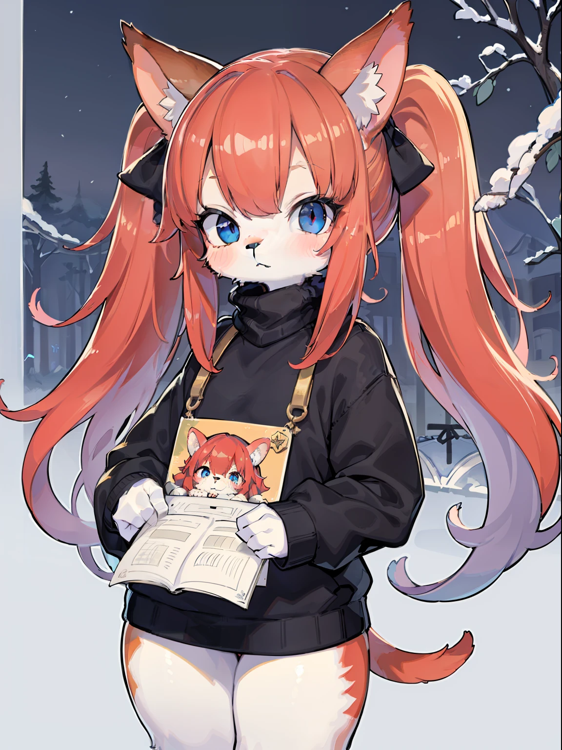 ((masterpiece, best quality)),furry, animal ears,  tail, bodyfur, 
(ultra-detailed), (illustration), (ultra highres), (delicate illustration), (hyper detailed),1girl, red hair,blue eyes,loli,Twintails,black sweater,long sleeves