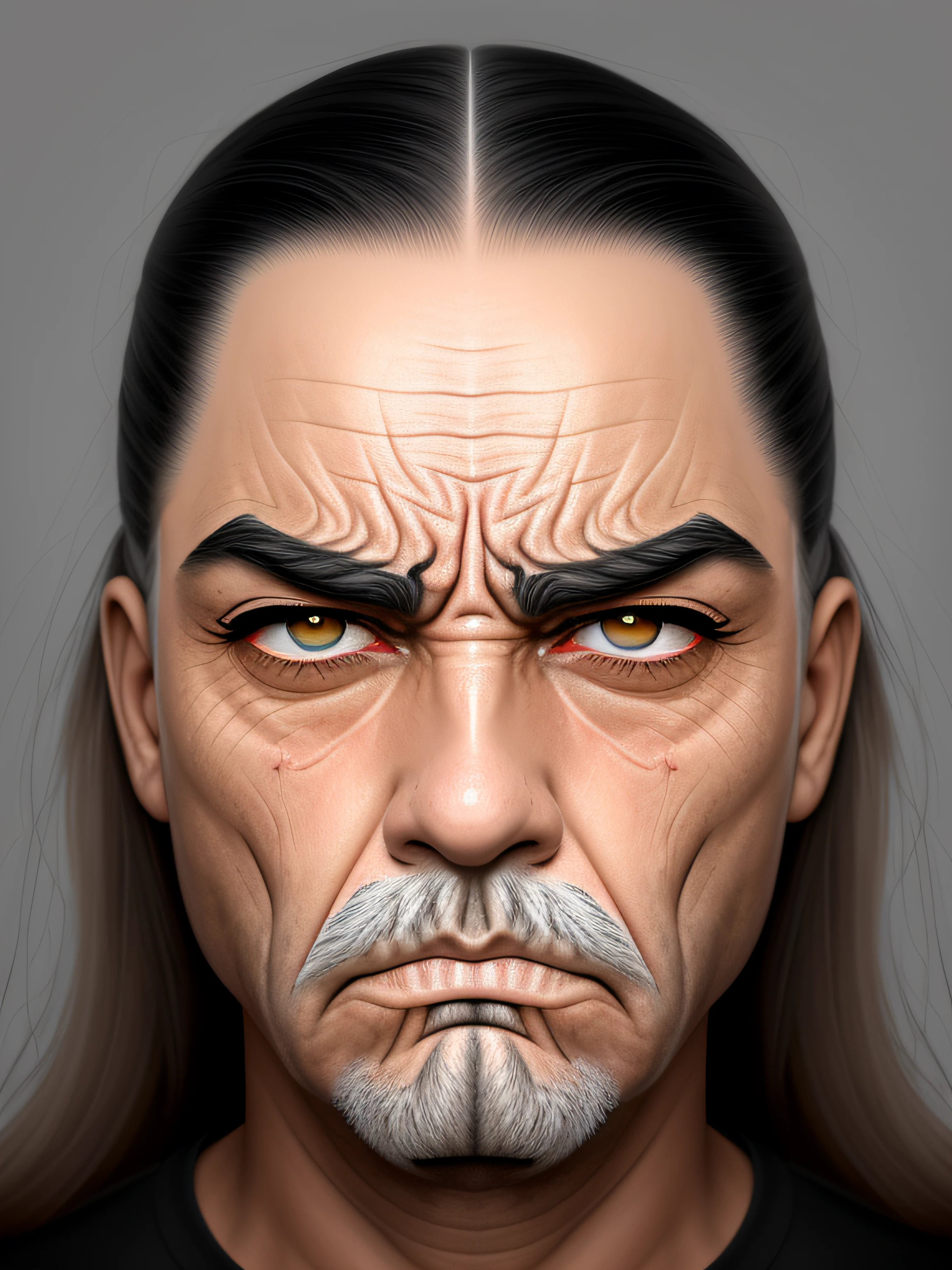 imagem arrogante de um homem com uma cara muito grande no rosto, Perfect eyelashes, cabelo e sobrancelhas brancas, face severa, stern expression, angry expression, mal-humorado [ velho ], angry facial expression, angry looking at camera, cara de raiva, homem zangado, very angry expression, arte digital muito realista, olhar irritado, cara de zangada, parecendo irritado, Scowling, olhar severo, pintura digital ultra realista