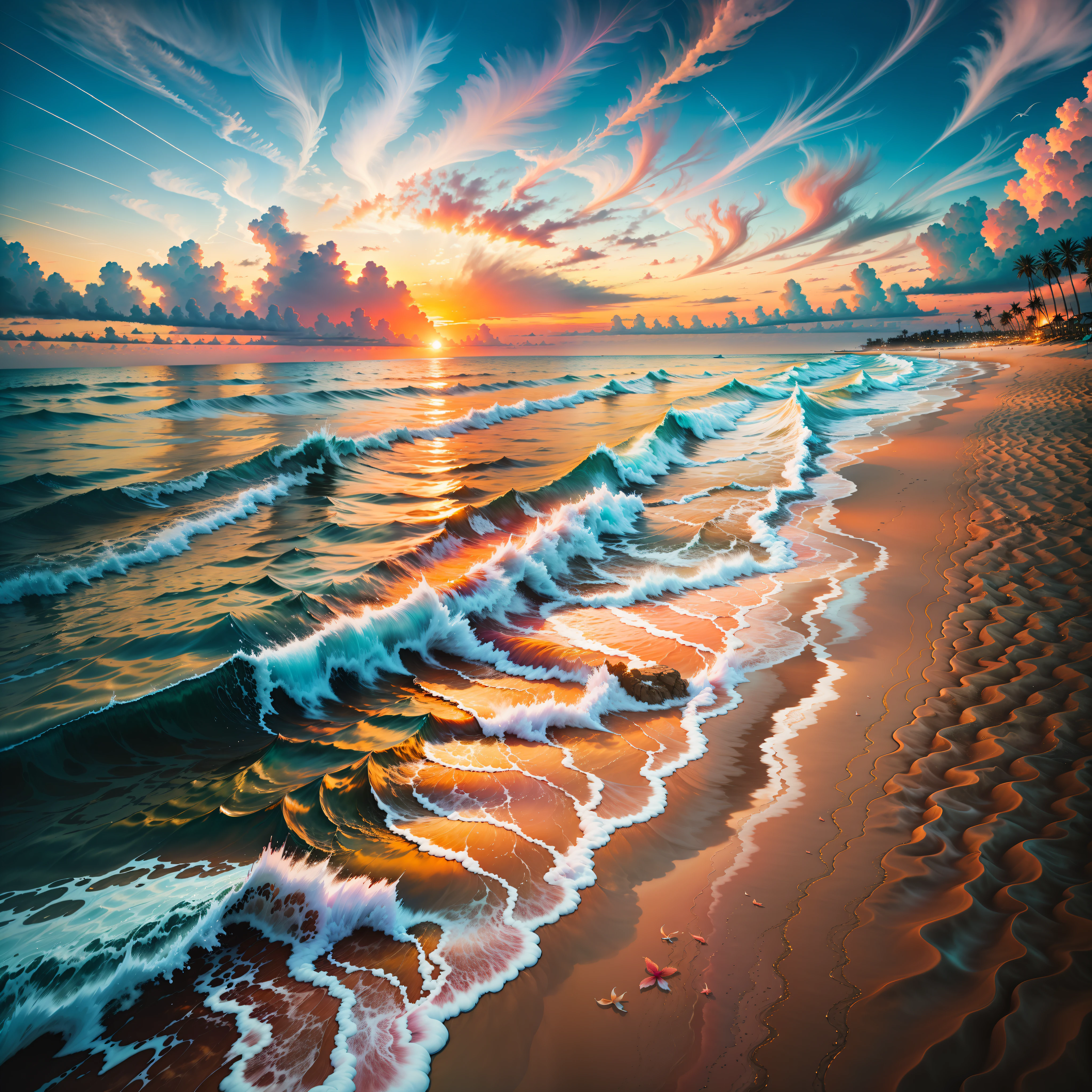 An absolutely mesmerizing sunset over the beach, with a blend of oranges, pinks, and yellows filling the sky. Crystal-clear waters of the sea gently kissing the shore, with sandy white beach stretching far and wide. The scene is dynamic and breathtaking, with seagulls soaring high in the sky and gently swaying palm trees. Take in the calming atmosphere and let the peacefulness wash over you.