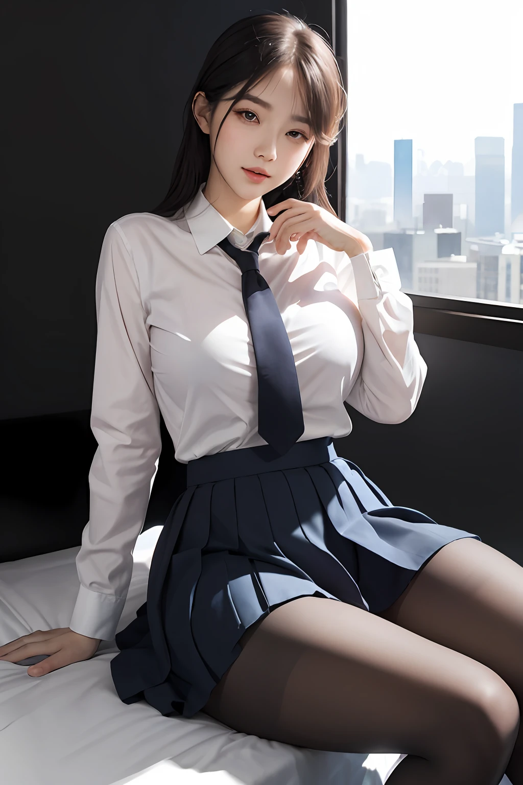 Ultra-realistic 8k CG，s the perfect face，flawless perfection，ren，tmasterpiece，professionalartwork，famousartwork，s the perfect face，beauitful face，beautidful eyes，（（Perfect female body）），独奏，（immersiveatmosphere，lightand shade contrast：1.5，Bright light:1.2,lumnious),,(Blushlush:0.5),Enchanting expression,Ultimate detail_The eye,thick thight,huge tit,Exquisite background,depth of fields,photorealestic:1.3,Faraway view,1girl,The shirt,pleatedskirt,School Uniform，Lying position，raise leg，full bodyesbian，（ambient lights：1.3），（cinematic compositions：1.3），（neonlight：0.1），（HDR：0.1），emphasis lighting，Black pantyhose，