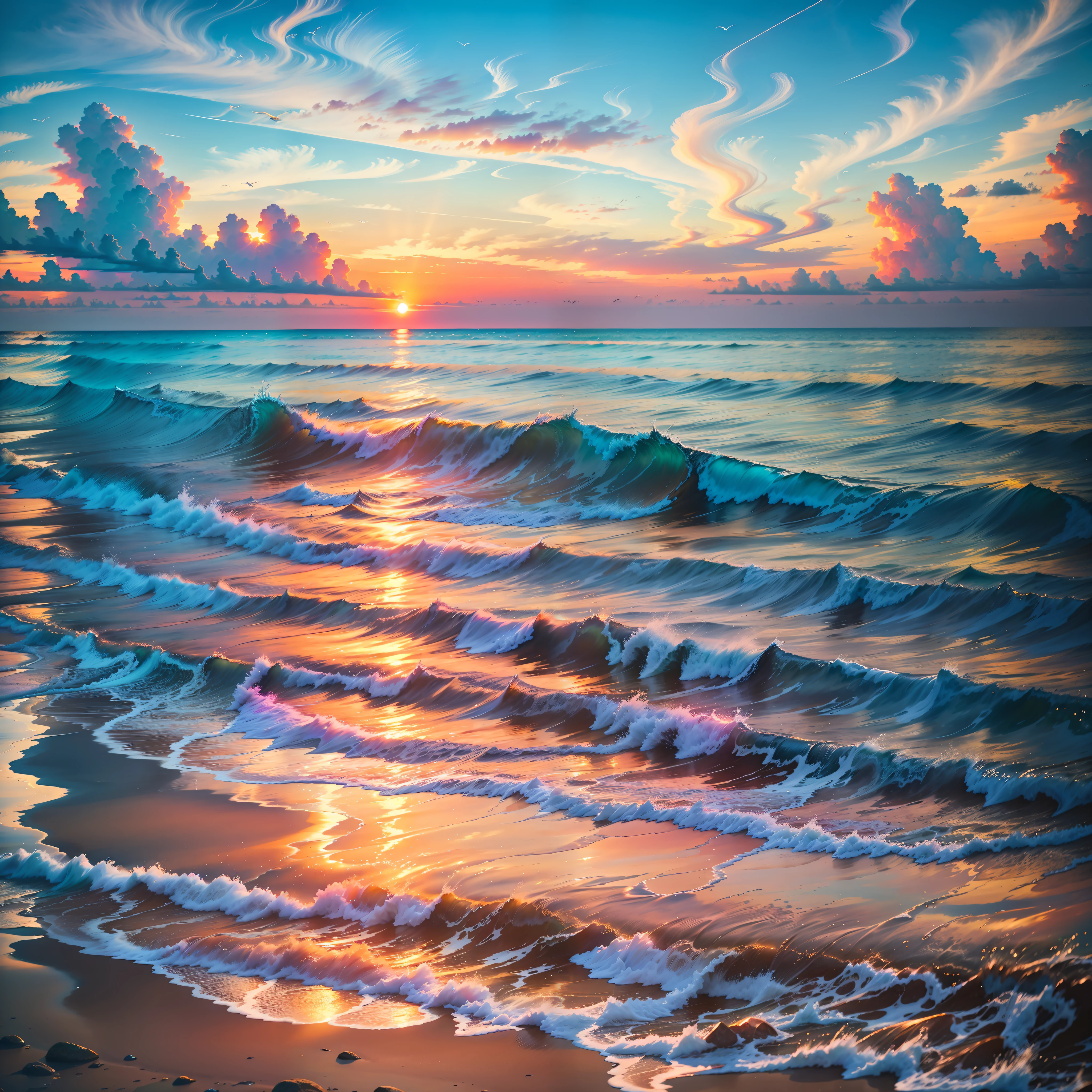 An absolutely mesmerizing sunset over the beach, with a blend of oranges, pinks, and yellows filling the sky. Crystal-clear waters of the sea gently kissing the shore, with sandy white beach stretching far and wide. The scene is dynamic and breathtaking, with seagulls soaring high in the sky and gently swaying palm trees. Take in the calming atmosphere and let the peacefulness wash over you.
