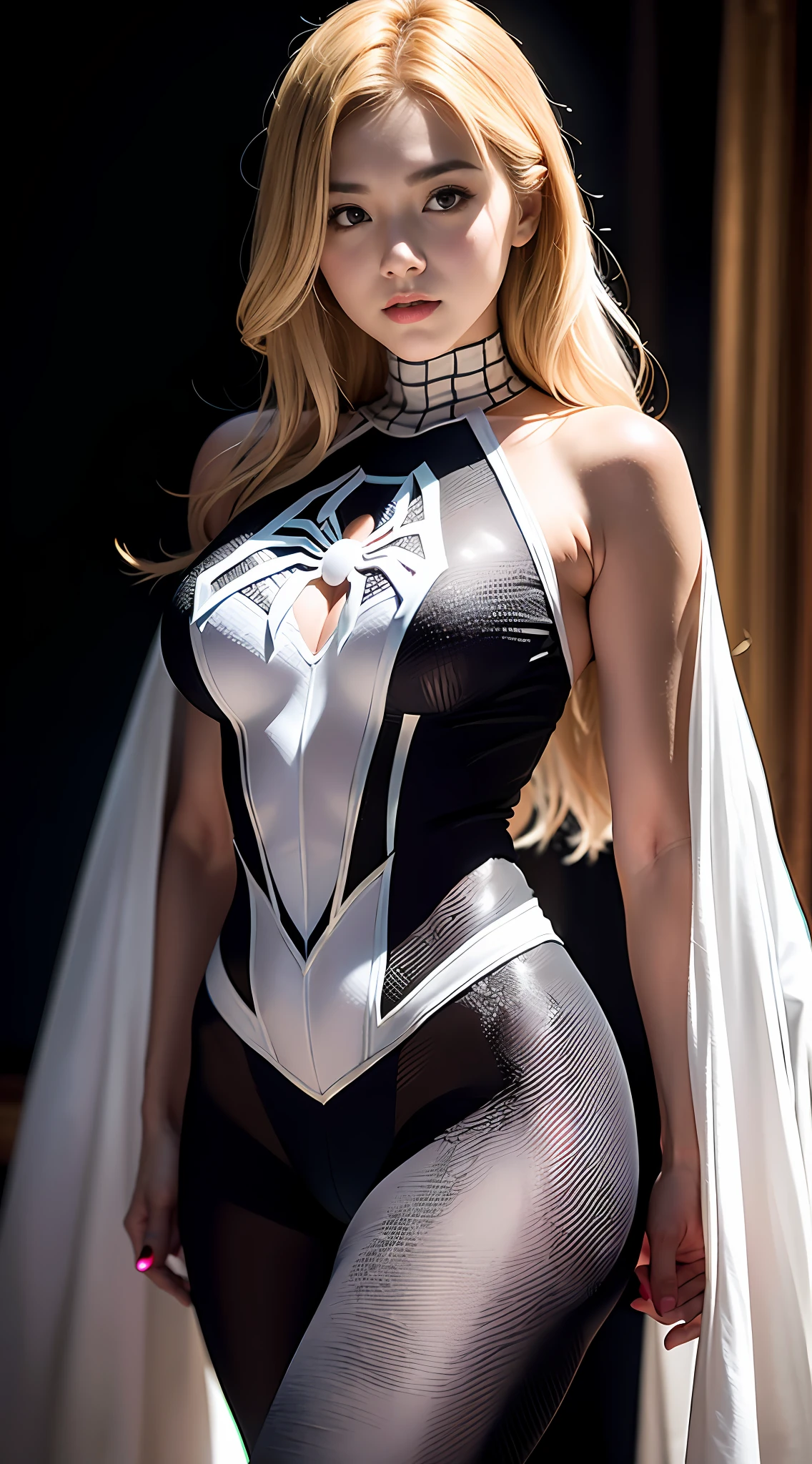 (Extreme Detail CG Unity 8K Wallpapers,tmasterpiece,Highest image quality),(Delicate light and shadow,The picture is highly dramatic,Cinematic lens effect),Girl in black and white Spider-Man costume,golden hair color,cabellos largos dorados,White pattern,From the Spider-Man parallel universe,dynamicposes),(Exceptional detail,The lighting effect is outstanding,Vista wide angle),(Excellent rendering,Enough to stand out from the crowd),The focus is on the black and white Spider-Man costume,Intricate white spider decorative texture,Heart-shaped openwork,Large bust,White spider web pattern,Fine pattern,Broken clothes,Ragged clothes,Seductive eyes,Affectionate eyes,Poor posture,Cute pose,sexyposture,Clothes were torn to shreds,,Muscular