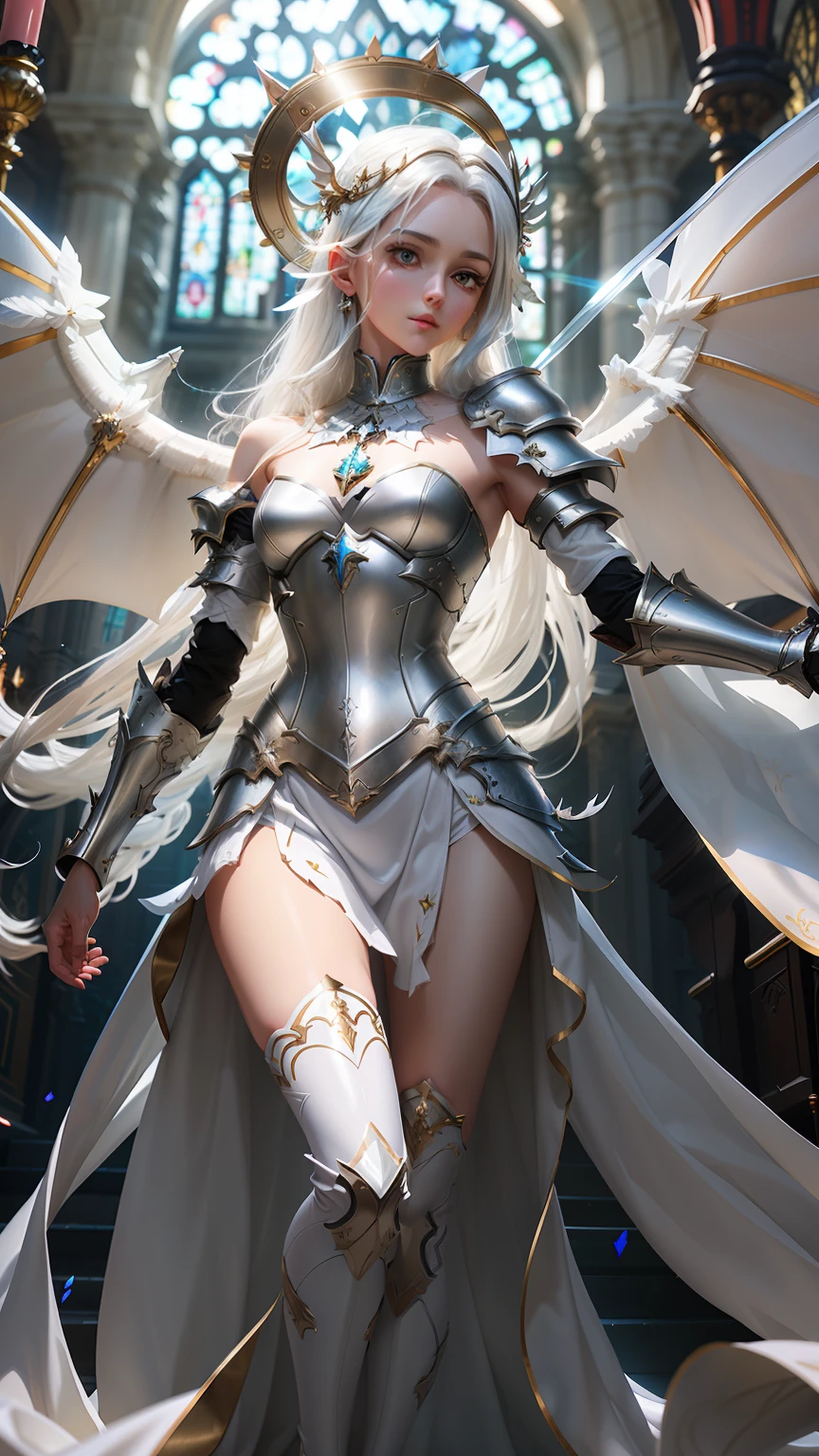 tmasterpiece，Best image quality，Full body photo，Dragon Knight，Overhead halo，femele，Slender body，Elegant posture，White color hair，short  skirt，Chestless，show legs，open waist，On the shoulders is openwork silver-white armor，Clear white stockings on the legs，There are unfolded angel wings on the back，A sacred aperture at the back，Scene church top glass background