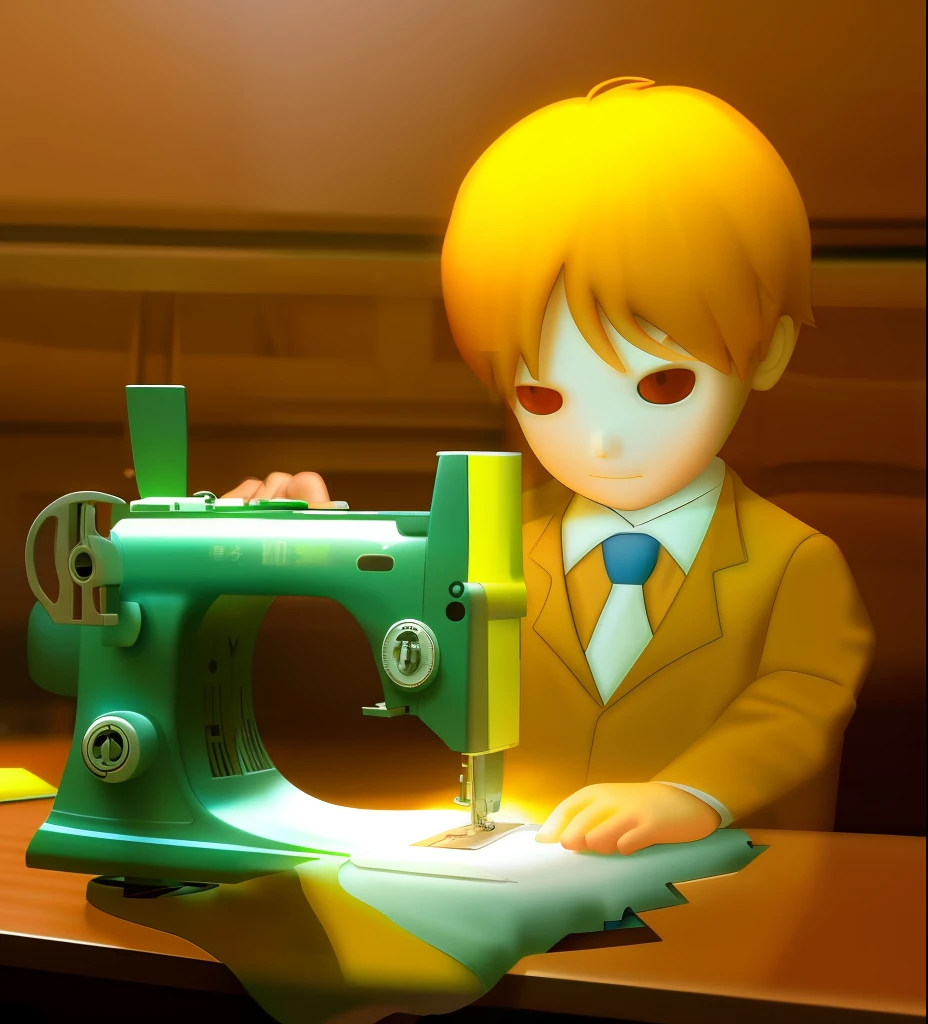 A boy in a blazer sits in front of a sewing machine sewing。3D divisions