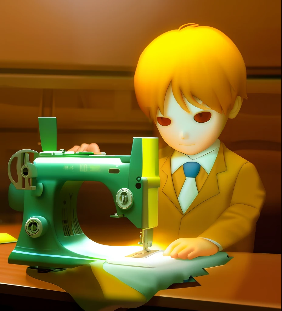 A boy in a blazer sits in front of a sewing machine sewing。3D divisions
