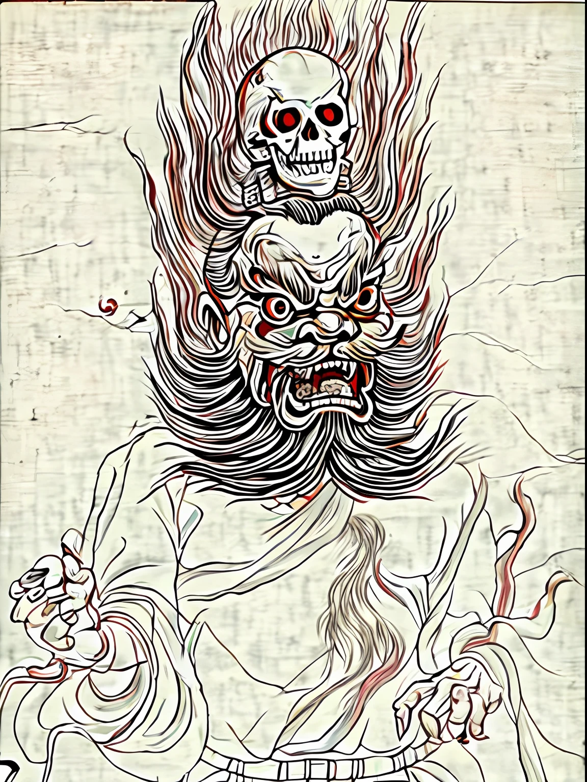 A demon painting with a skull on his head, Inspired by Ryūkōsai Jokei, inspired by Kawanabe Kyōsai, inspired by Kameda Bōsai, inspired by Shunkōsai Hokushū, asura from chinese myth, inspired by Tawaraya Sōtatsu, inspired by Kaigetsudō Anchi