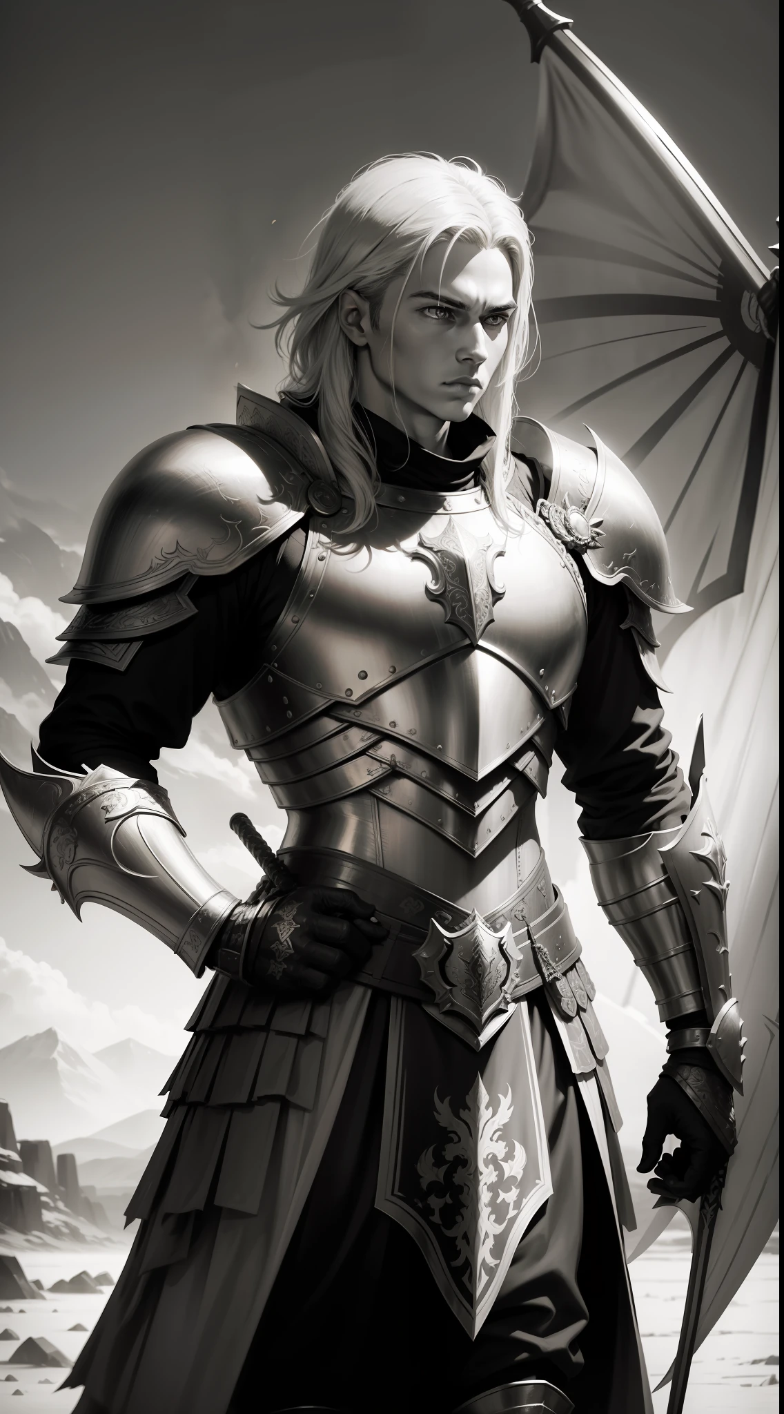 Imagine a monochrome scene with a lone figure standing on a barren solo, donned in full armor with intricate yellow-themed details. This male warrior holds a gleaming sword in one hand and a shield adorned with a fearsome dragon motif in the other."