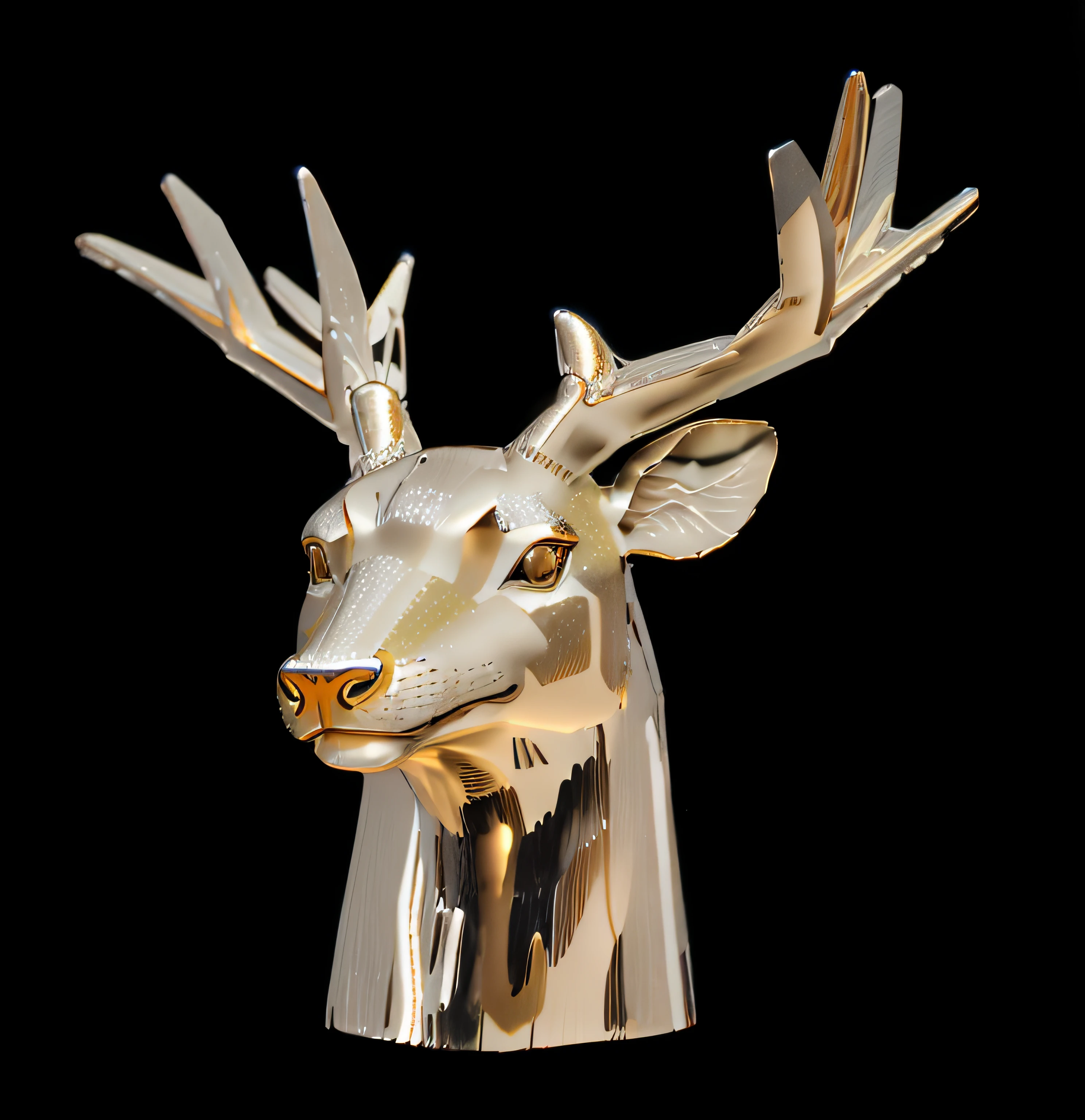 Heavy golden deer head on black background, Thick and metallic luster, Animal-style heads, extremely detailed frontal angle, commerciaphotography,-h 1024