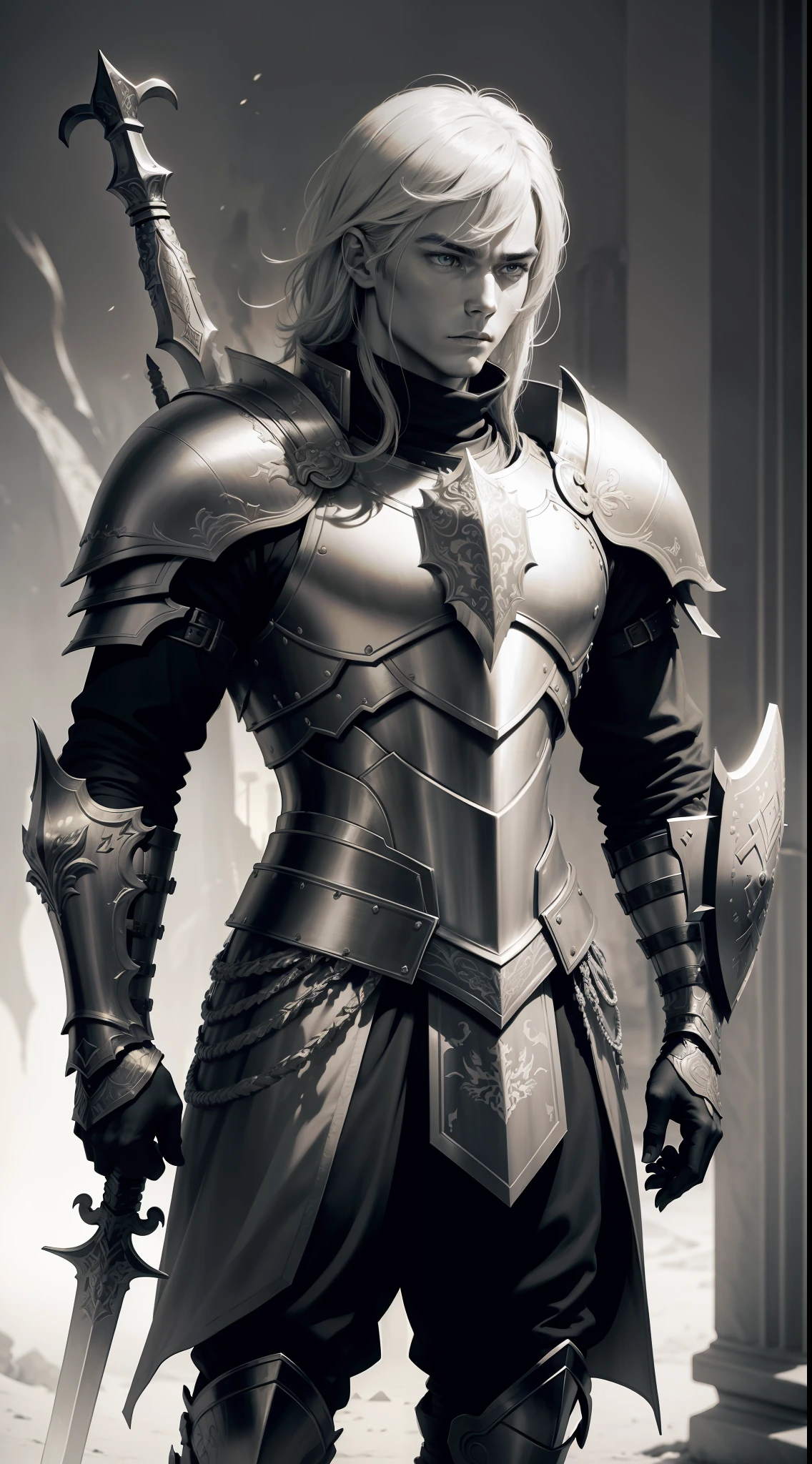 Imagine a monochrome scene with a lone figure standing on a barren solo, donned in full armor with intricate yellow-themed details. This male warrior holds a gleaming sword in one hand and a shield adorned with a fearsome dragon motif in the other."