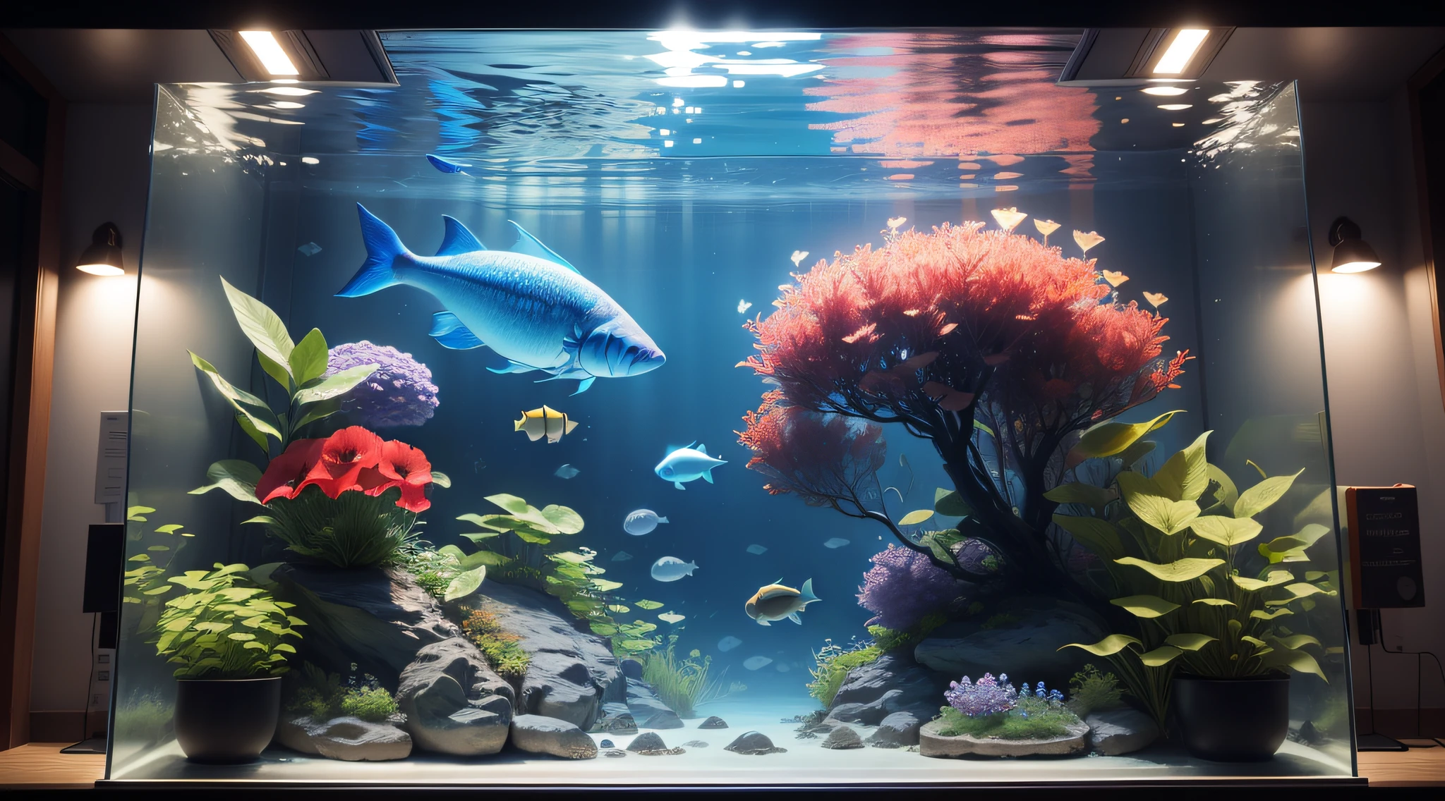 Giant aquarium in an aquarium、Multiple hibiscus in the aquarium、top-quality、8K、masterpiece、a picture、Photorealsitic、Raw photography、top-quality、high-detail、真实感、photos realistic、Professional color correction