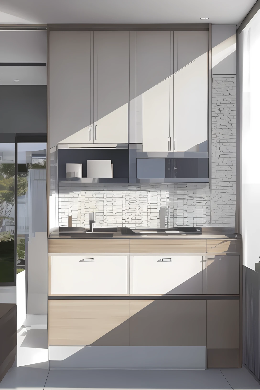 (Perfect detail, computer generated, Drawing, unreal detail, rendering, realistic detail, 3/4 view, cabinets, Modern look, A digital rendering, Vintage vibes, 3D design)