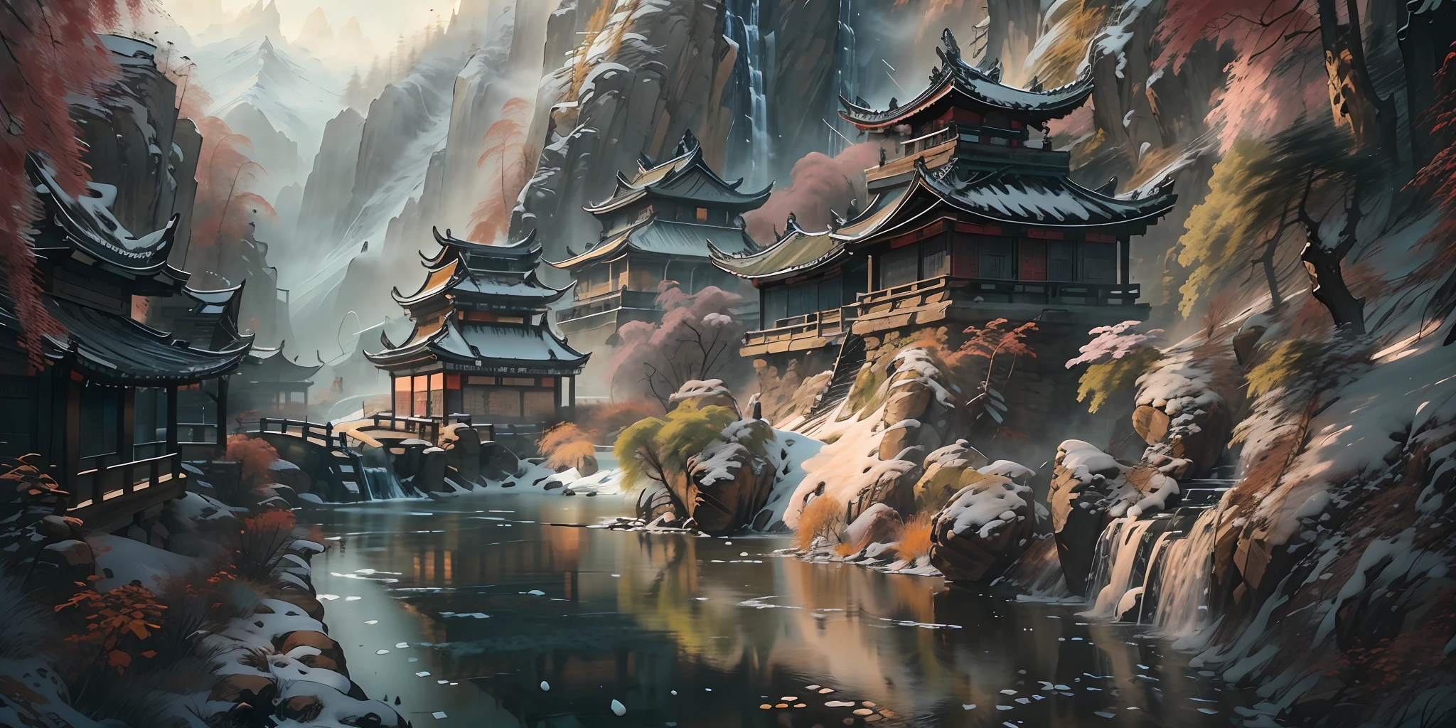 (super wide shot),(Best Masterpiece),8K,An ancient Chinese town nestled in the hills of the mountains,Densely wooded,The leaves are verdant,The stream is babbling,The visuals are beautiful and beautiful,full of sunlight,Winter view,Covered with snow,frozen river,It's snowing