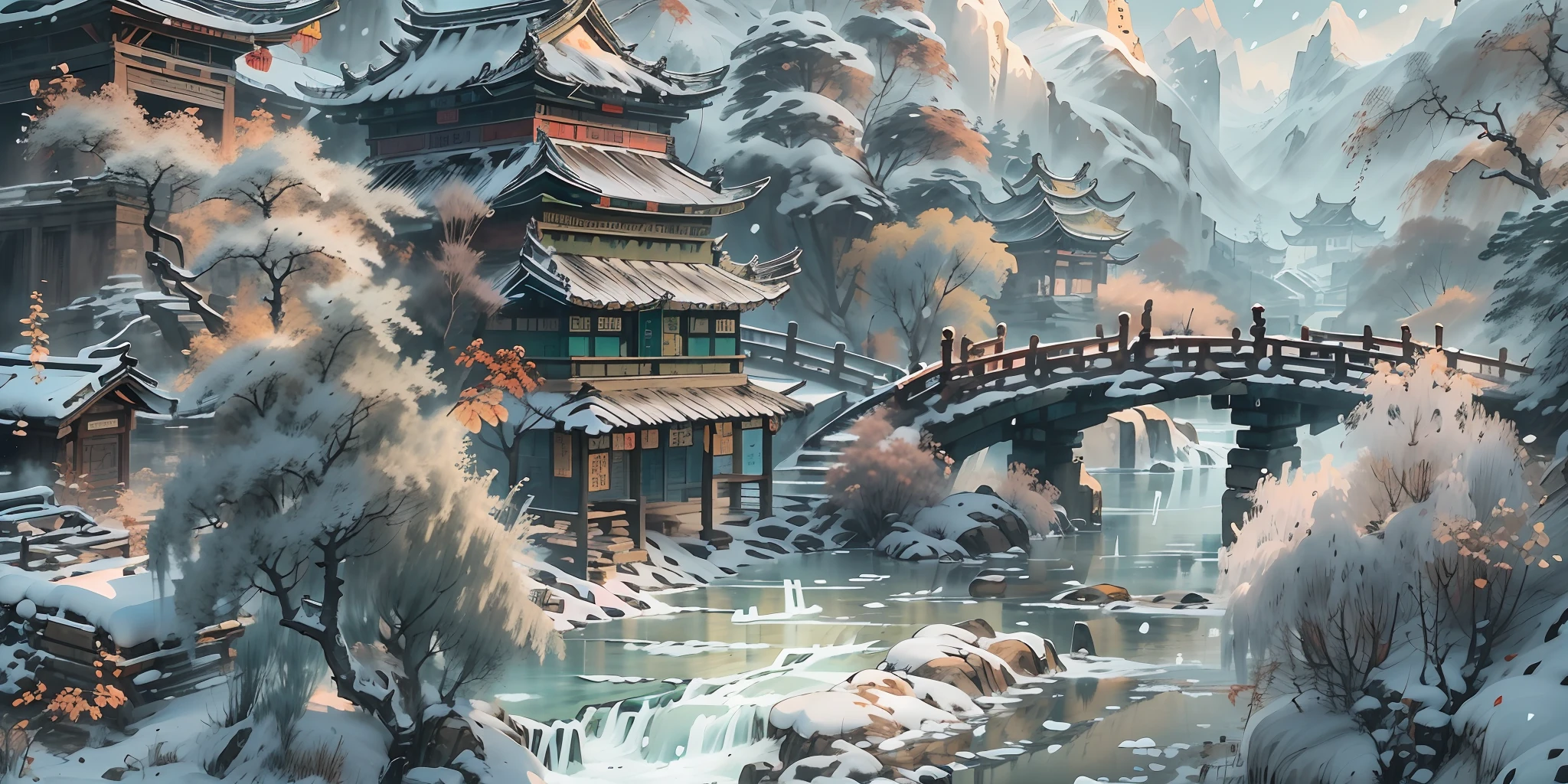 (super wide shot),(Best Masterpiece),8K,An ancient Chinese town nestled in the hills of the mountains,Densely wooded,The leaves are verdant,The stream is babbling,The visuals are beautiful and beautiful,full of sunlight,Winter view,Covered with snow,frozen river,It's snowing