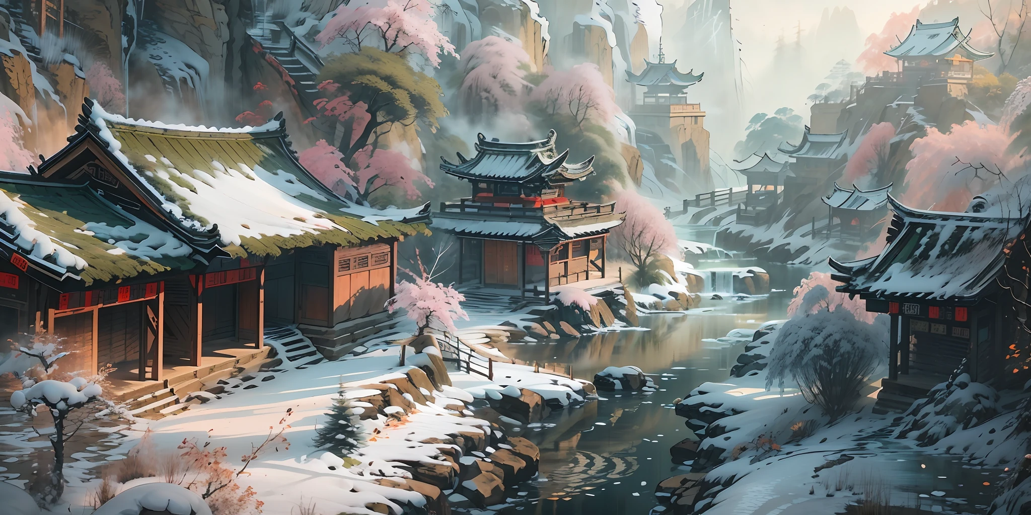 （super wide shot），（Best Masterpiece），8K，An ancient Chinese town nestled in the hills of the mountains，Densely wooded，The leaves are verdant，The stream is babbling，The visuals are beautiful and beautiful，full of sunlight，Winter view，Covered with snow，frozen river，It's snowing