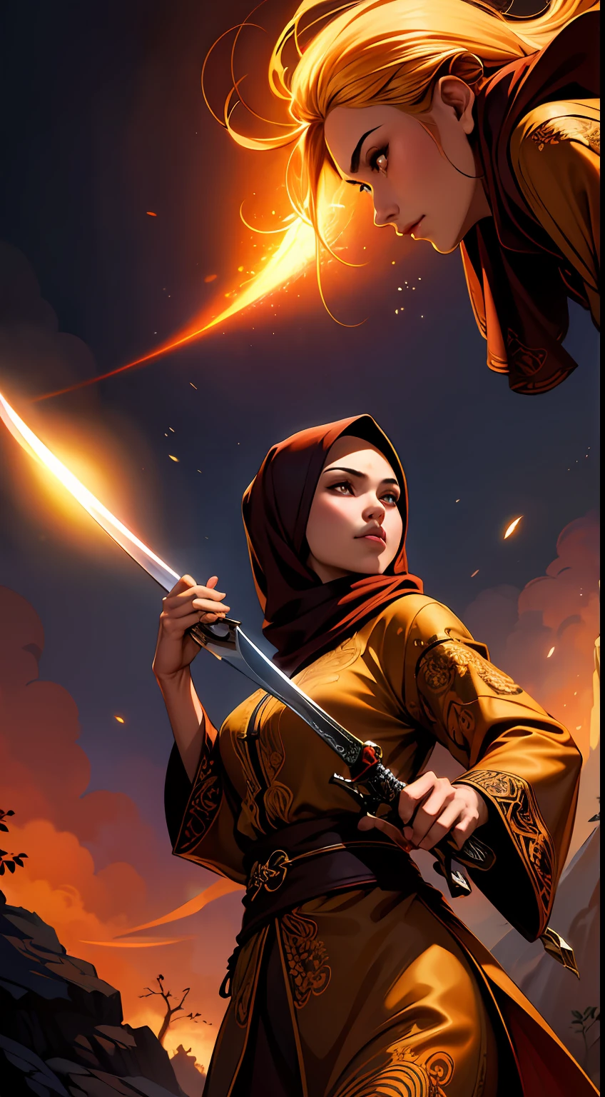 A Javanese hijab woman, brown batik long-sleeved shirt, long opened robes, hand holding a short sword, background explosion, night, jungle, heroic pose (masterpiece:1.2) (illustration:1.1) (best quality:1.2) (detailed) (intricate) (8k) (HDR) (wallpaper) (cinematic lighting) (sharp focus)