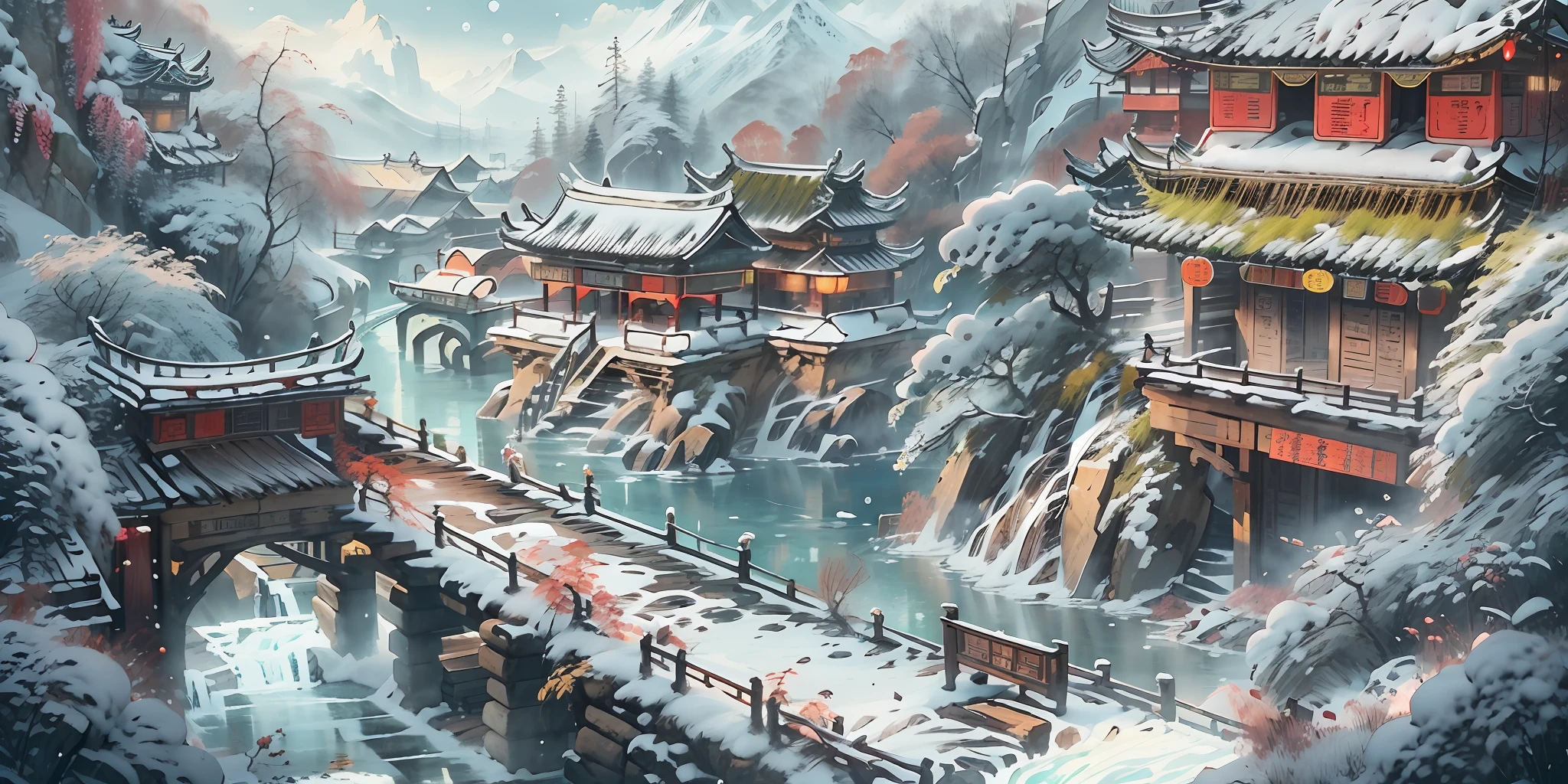 (super wide shot),(Best Masterpiece),8K,An ancient Chinese town nestled in the hills of the mountains,Densely wooded,The leaves are verdant,The stream is babbling,The visuals are beautiful and beautiful,full of sunlight,Winter view,Covered with snow,frozen river,It's snowing