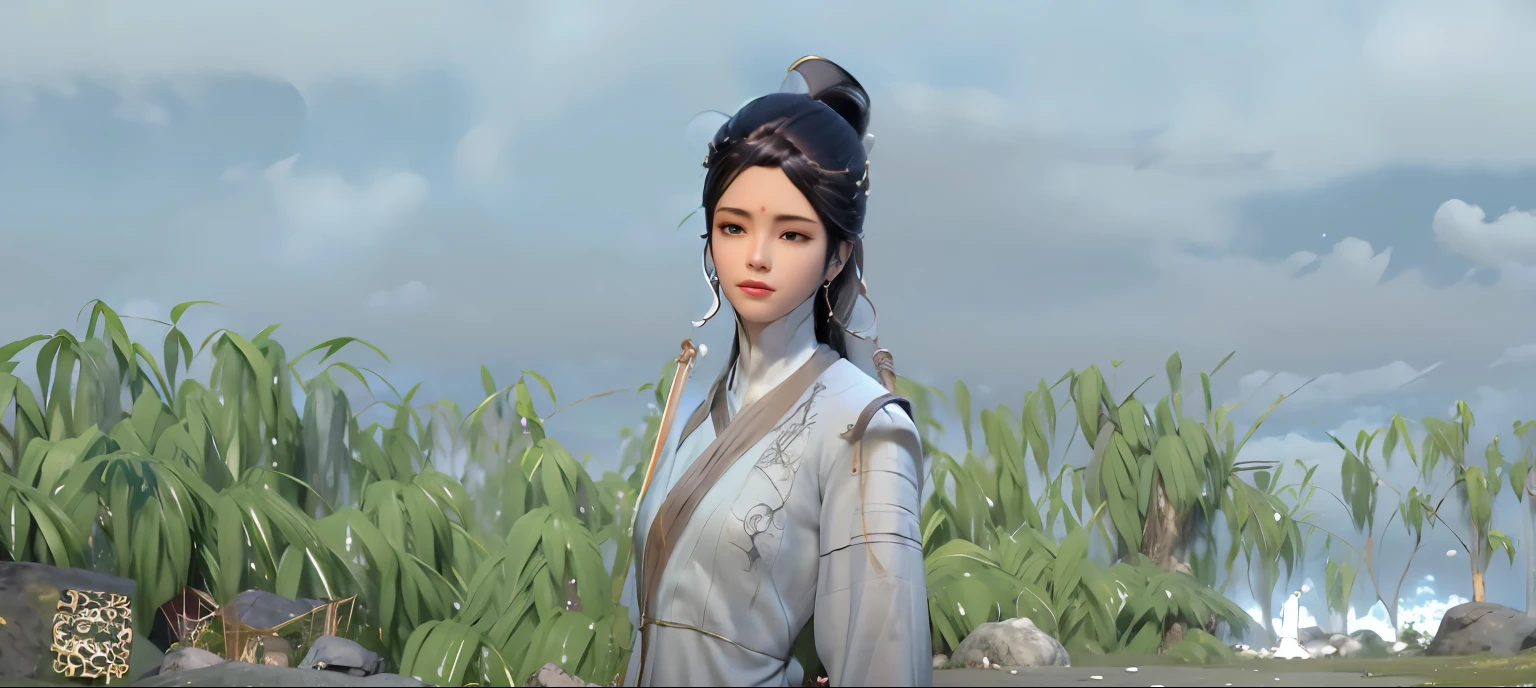 there is a woman in a white dress standing in a field, Silver hair (pony tails), Inspired by Huang Ji, inspired by Luo Mu, inspired by Ma Yuanyu, Inspired by Dai Xi, full-body xianxia, inspired by Li Mei-shu, Inspired by Seki Dosheng, inspired by Park Hua, Inspired by Cao Zhibai