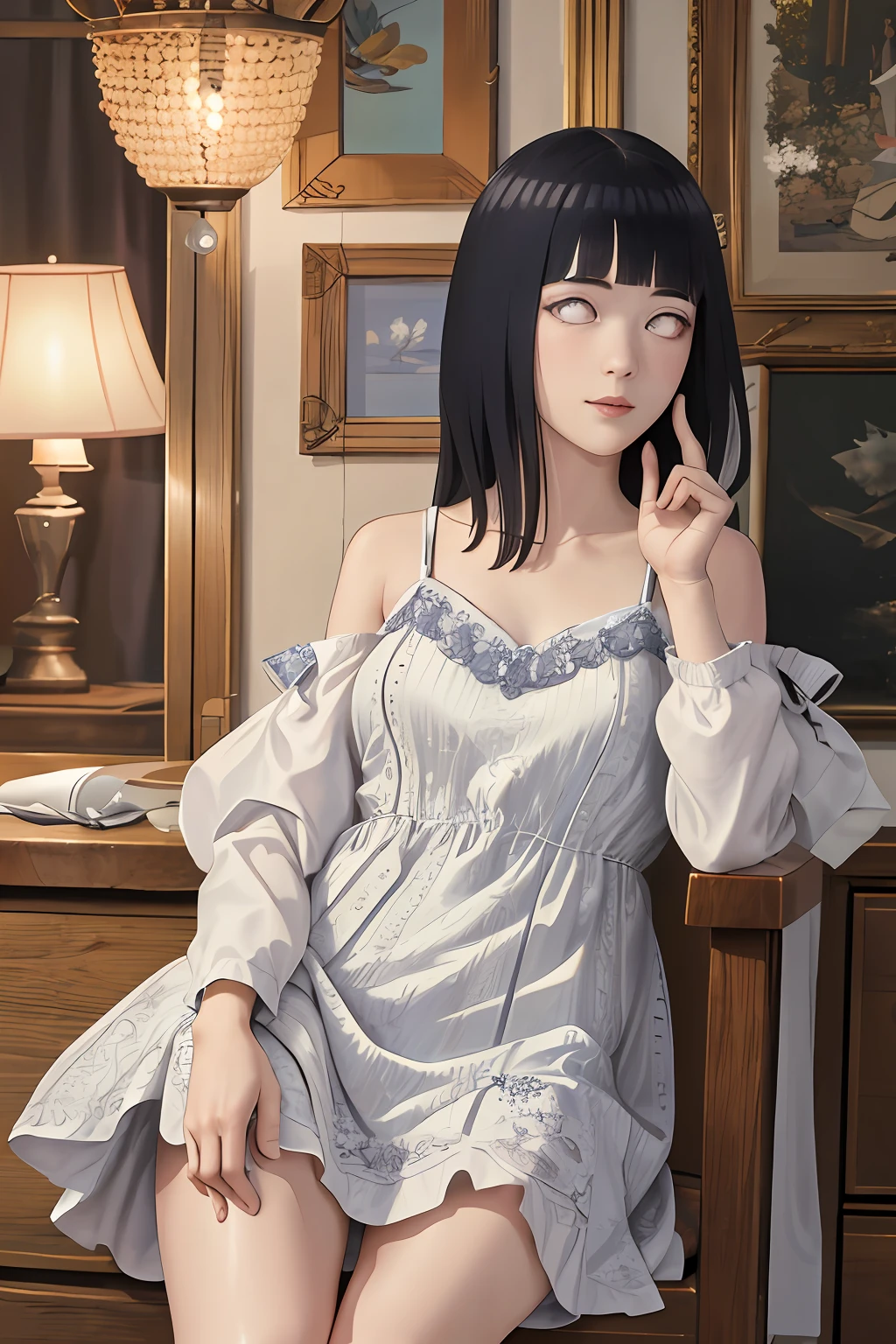 Masterpiece, high resolution, high quality, detailed face, detailed body visualization, detailed fingers,1girl, solo, Hyūga Hinata,mini dress of shoulder,long hair, model pose