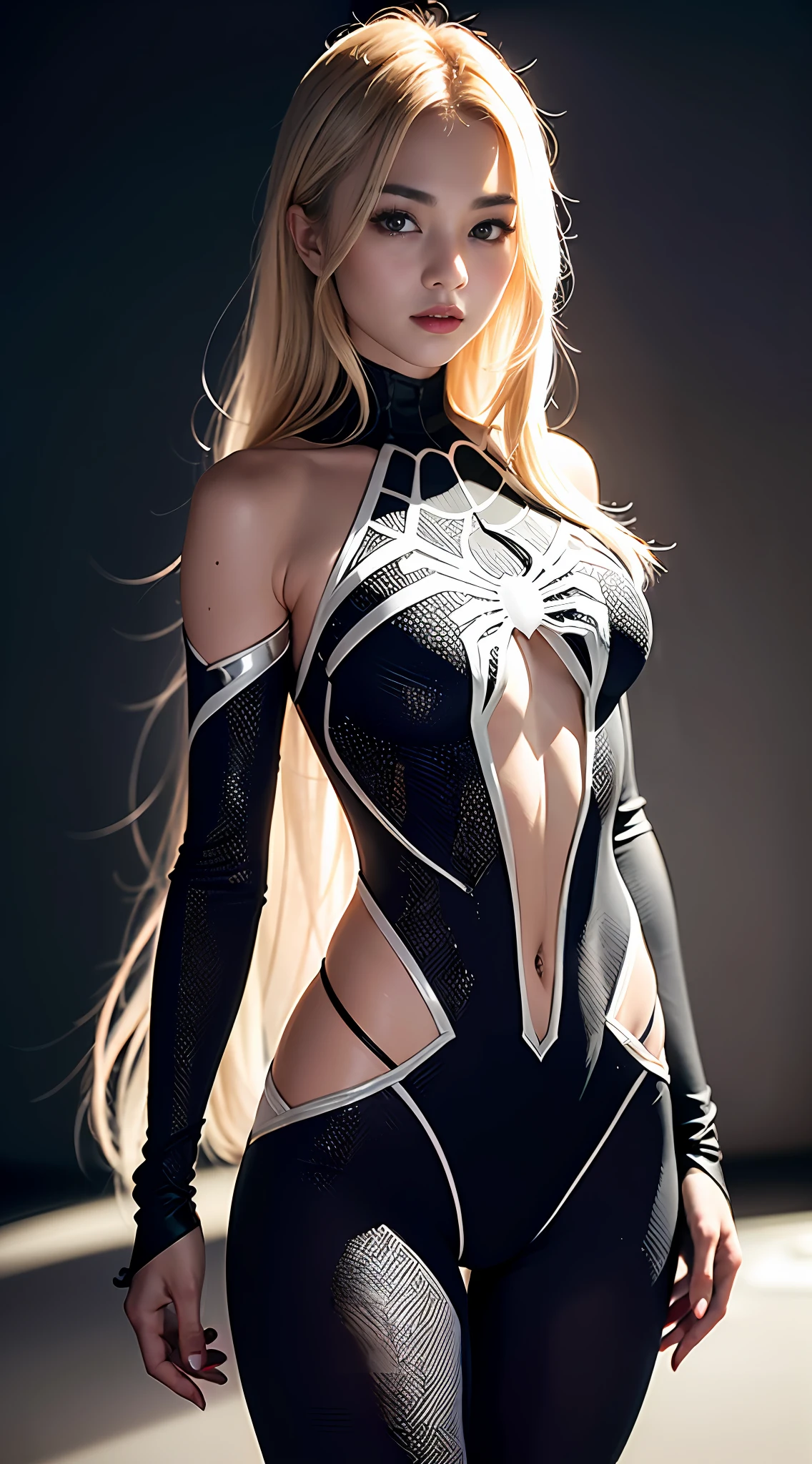 (Extreme Detail CG Unity 8K Wallpapers,tmasterpiece,Highest image quality),(Delicate light and shadow,The picture is highly dramatic,Cinematic lens effect),Girl in black and white Spider-Man costume,golden hair color,cabellos largos dorados,White pattern,From the Spider-Man parallel universe,dynamicposes),(Exceptional detail,The lighting effect is outstanding,Vista wide angle),(Excellent rendering,Enough to stand out from the crowd),The focus is on the black and white Spider-Man costume,Intricate white spider decorative texture,Heart-shaped openwork,Large bust,White spider web pattern,Fine pattern,Broken clothes,Ragged clothes,Seductive eyes,Affectionate eyes,Poor posture,Cute pose,sexyposture,Clothes were torn to shreds,,Muscular,Openwork clothes,Openwork pattern
