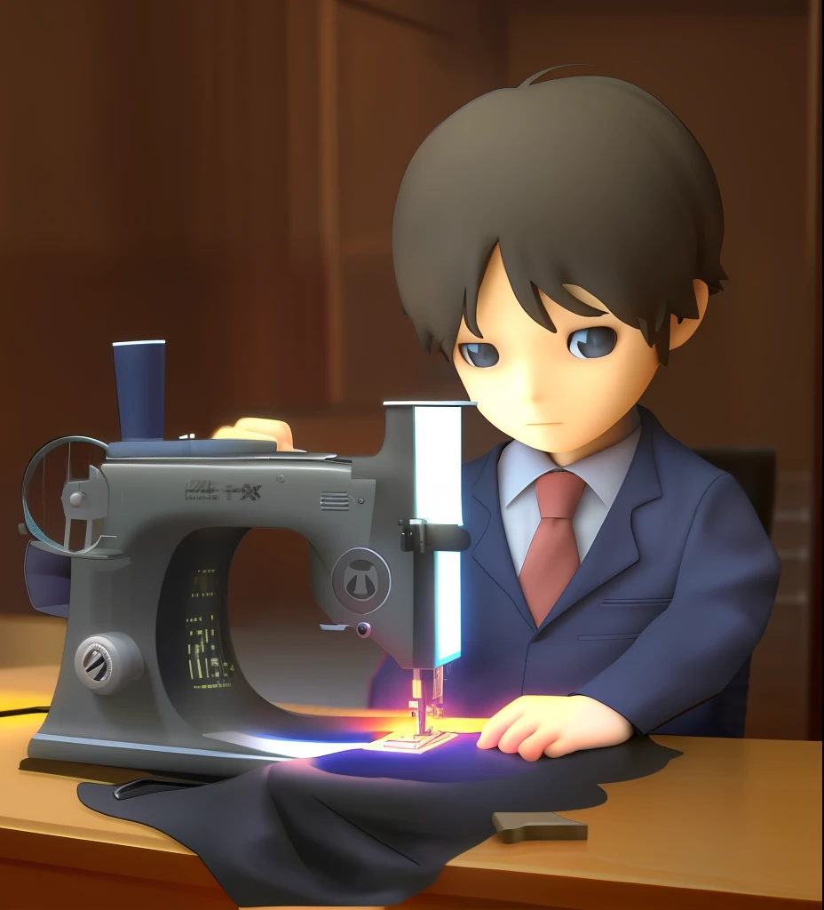 A boy in a blazer sits in front of a sewing machine sewing。3D divisions，black color hair