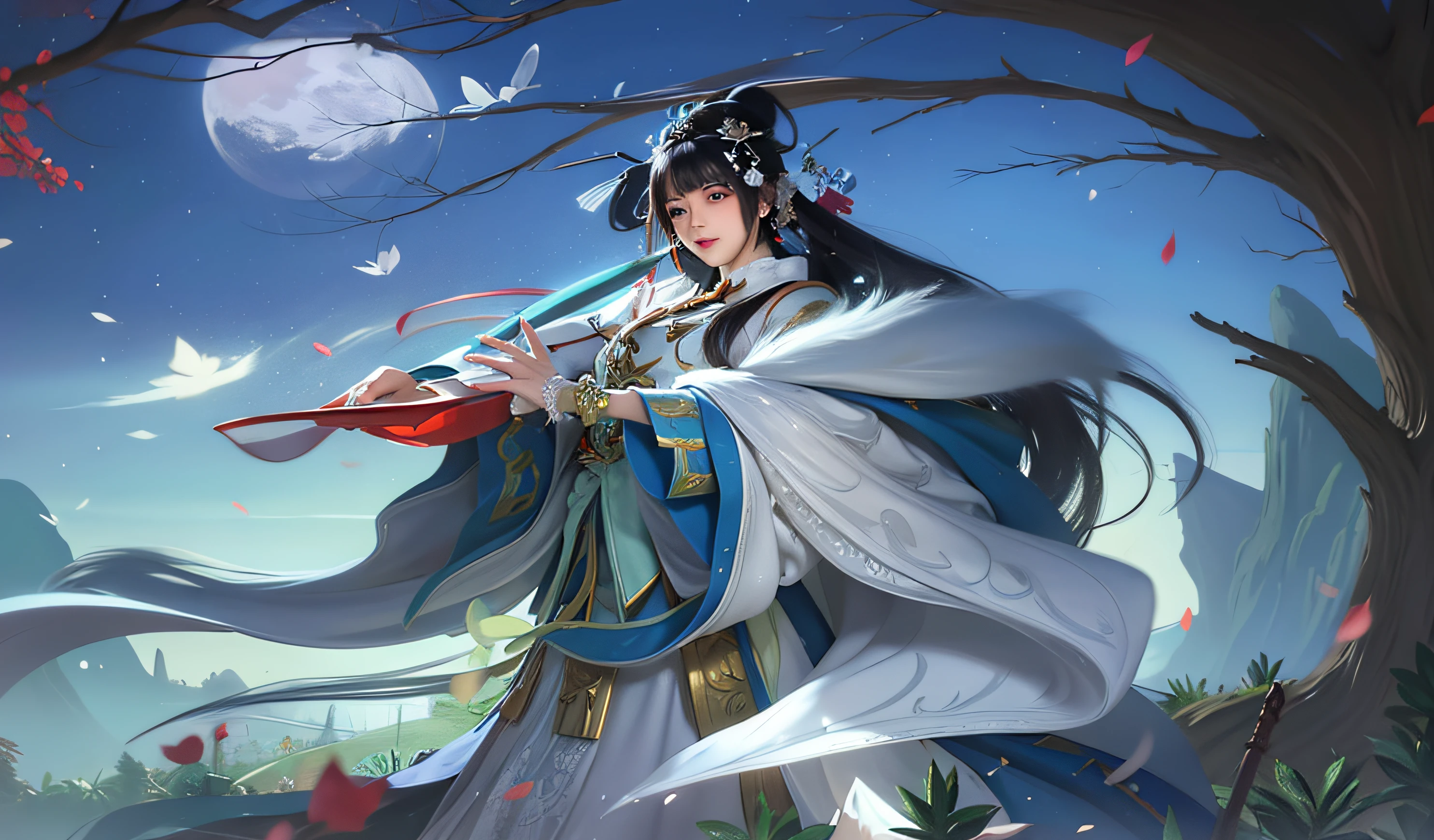 A woman in a white dress holds a red umbrella in the forest, Onmyoji detailed art, Inspired by Lan Ying, by Yang J, full-body xianxia, inspired by Ju Lian, Beautiful character painting, a beautiful fantasy empress, Inspired by Qiu Ying, queen of the sea mu yanling, onmyoji, Beautiful celestial mage, xianxia fantasy
