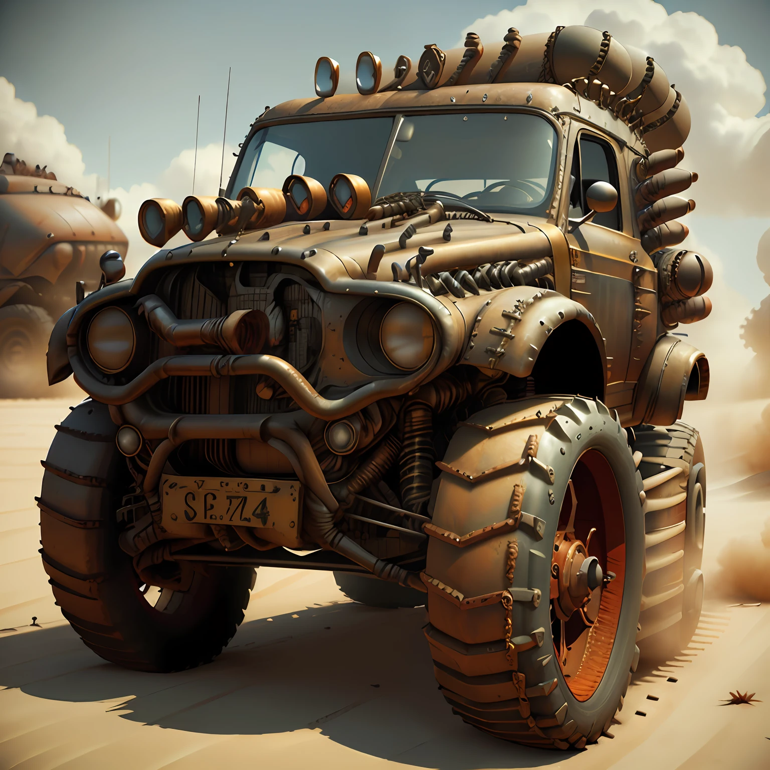 Muscle Car Caminhão Mad Max CogPunkAI ,Cores 64 k, (cores), 3d