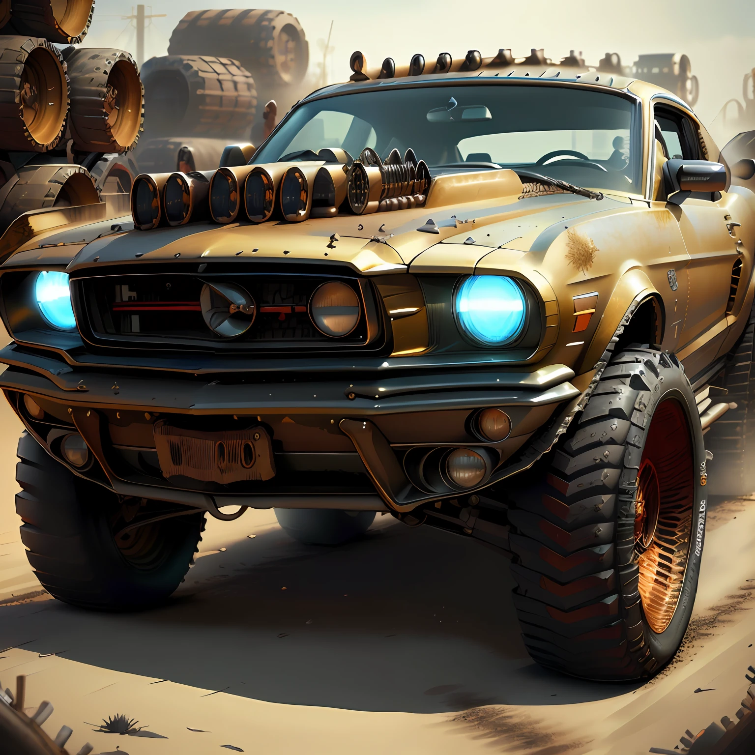 Muscle Car Mustang e Mercedes Mad Max CogPunkAI ,Cores 64 k, (cores),4d ,metalic