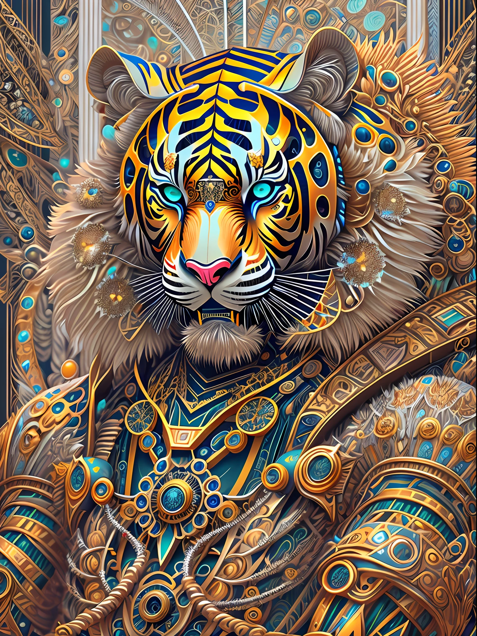 android mechnical Tiger Warrior,robot,sword,earnst haeckel, james jean. generative art, baroque, intricate patterns, fractalism, movie still, photorealistic, vibrant Tiger fur, intricate, elegant, highly detailed, digital painting, artstation, smooth, sharp focus, illustration, outrun, vaporware,full body shot