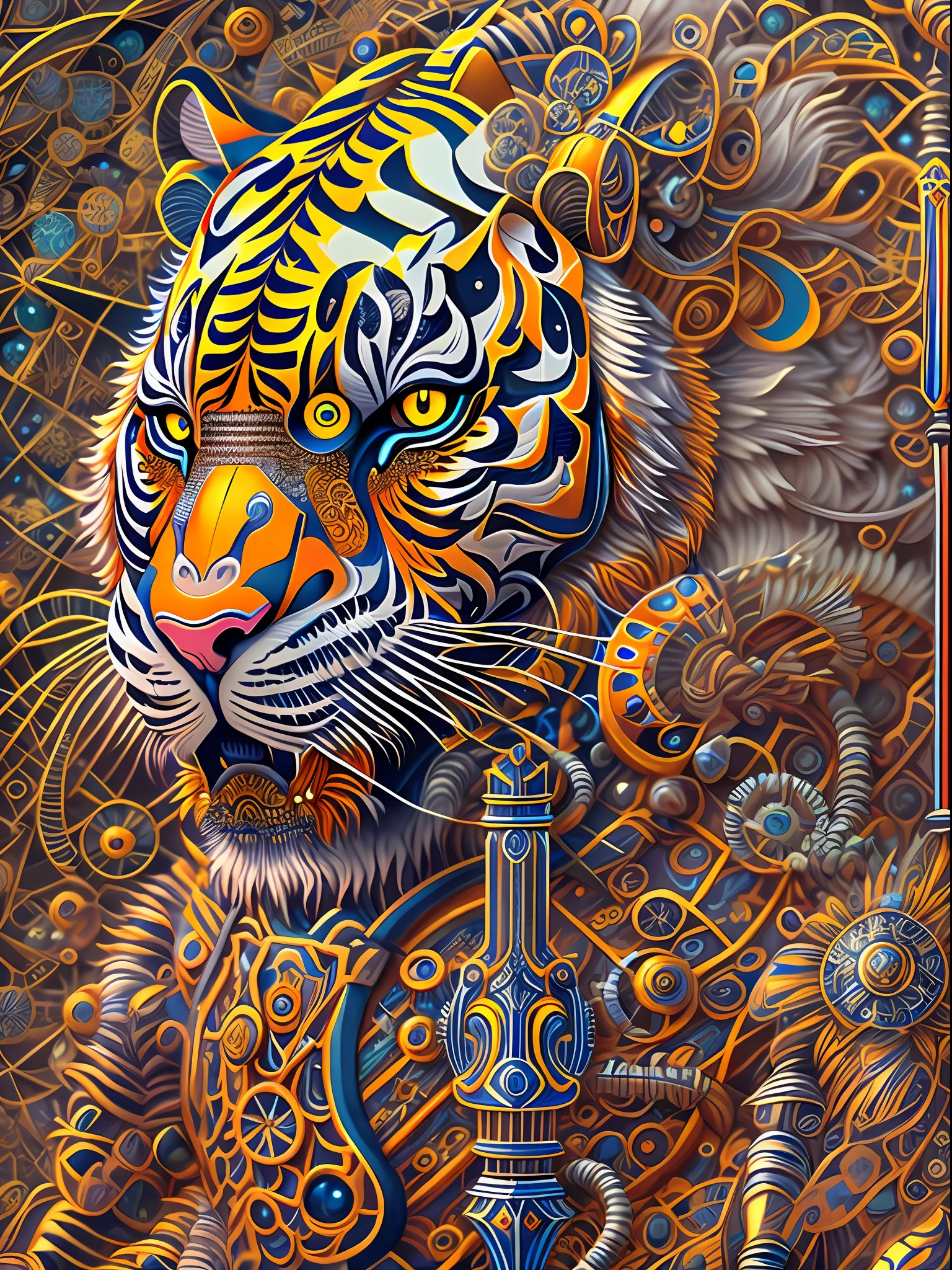 android mechnical Tiger Warrior,robot,sword,earnst haeckel, james jean. generative art, baroque, intricate patterns, fractalism, movie still, photorealistic, vibrant Tiger fur, intricate, elegant, highly detailed, digital painting, artstation, smooth, sharp focus, illustration, outrun, vaporware,full body shot