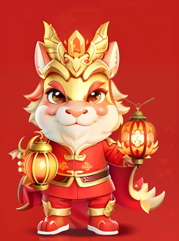 Cartoon Dragon,illustration,2D effect,China-style,New Year mascot,Holding a lantern in his left hand,Holding a gold ingots in his right hand,largeeyes,ssmile,Dragon horns on the head(deer antlers)