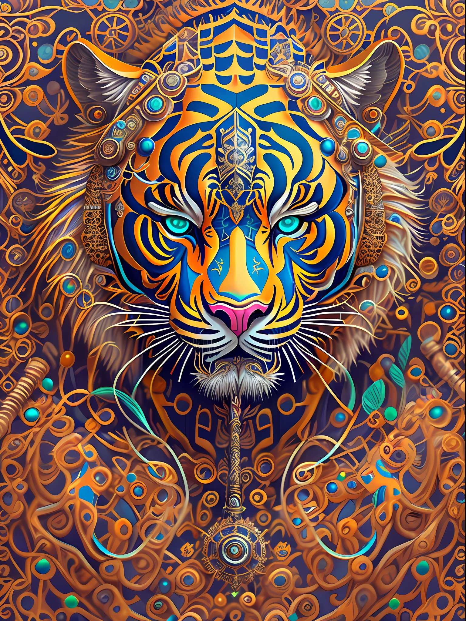 android mechnical Tiger Warrior,robot,sword,earnst haeckel, james jean. generative art, baroque, intricate patterns, fractalism, movie still, photorealistic, vibrant Tiger fur, intricate, elegant, highly detailed, digital painting, artstation, smooth, sharp focus, illustration, outrun, vaporware,full body shot