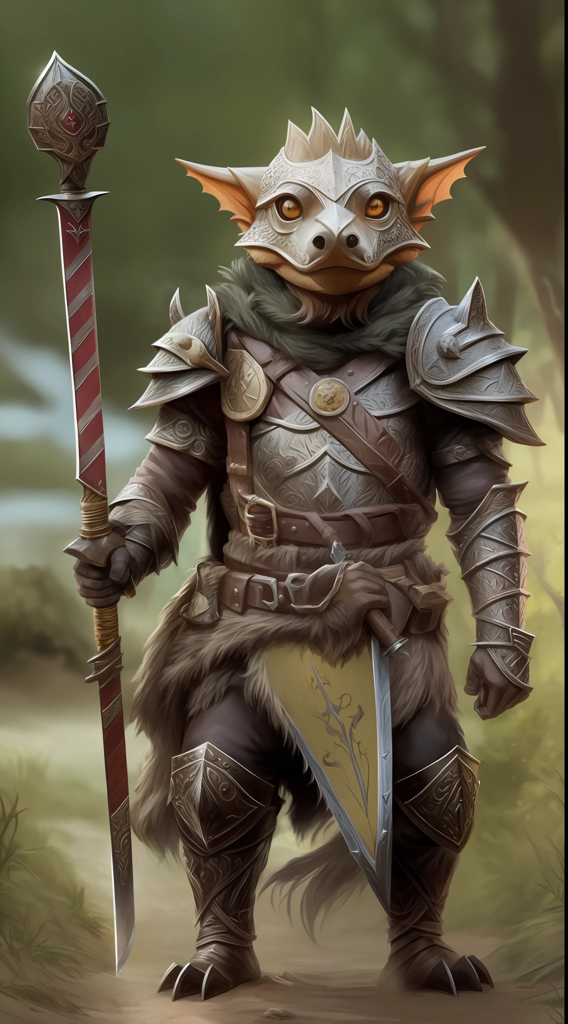 creature Kobold is warrior a ornament sword, hold wood shield, dark fantasy, dog face and head, hairy body, leather breastplate, sword belt, full body shot, dirt road of fantasy background, highest quality, cute, kawaii,