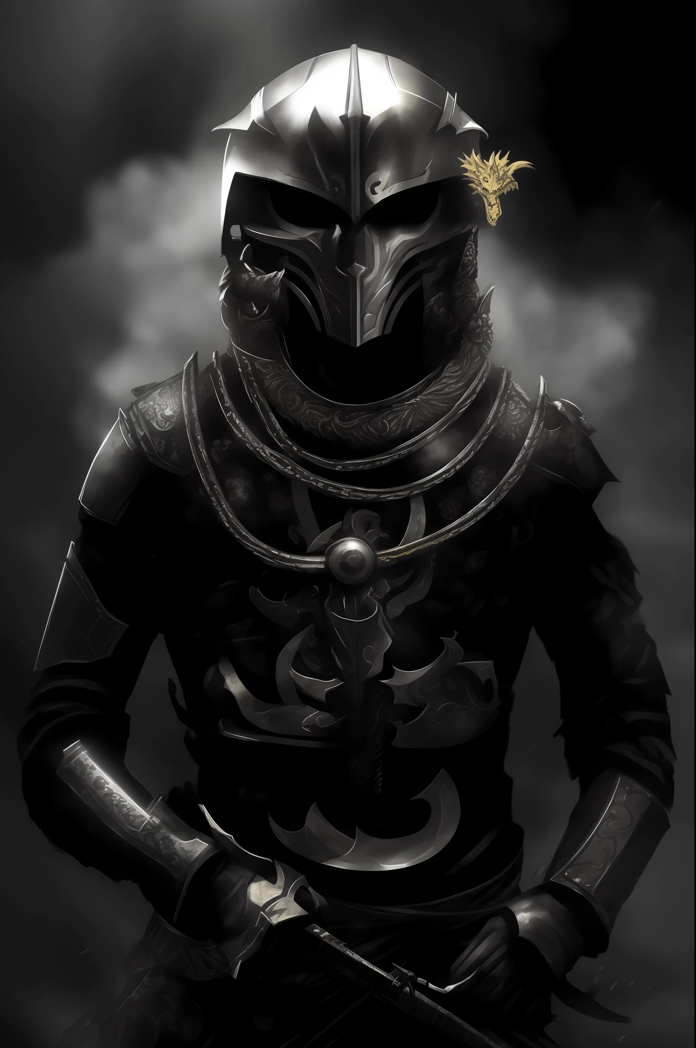 Imagine a monochrome scene with a lone figure standing on a barren solo, donned in full armor with intricate yellow-themed details. This male warrior holds a gleaming sword in one hand and a shield adorned with a fearsome dragon motif in the other."
