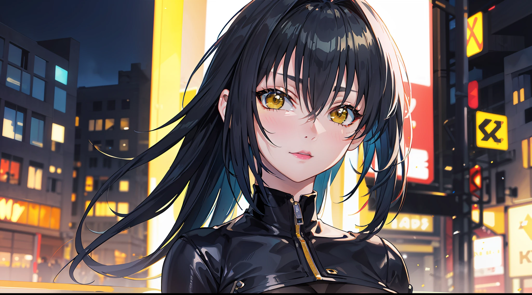 professional artwork, Intricate Details, field of view, sharp focus, detailed painting, photorealistic lighting, trending on pixiv, Standing at attention, black outfit ,yellow collared shirt,black and red bodysuit,skin_tight,black legwear, black pantyhose, Side_boob, black hair,very long hair, Bangs,yellow eyes,makeup, lipstick, 20yo,mature female,Beautiful Finger,Beautiful long legs,Beautiful body,Beautiful Nose,Beautiful character design, perfect eyes, perfect face, looking at viewer, NSFW,official art,extremely detailed CG unity 8k wallpaper, perfect lighting,Colorful, Bright_Front_face_Lighting, (masterpiece:1.0),(best_quality:1.0), ultra high res,4K,ultra-detailed, photography, 8K, HDR, highres, absurdres:1.2, Kodak portra 400, film grain, blurry background, bokeh:1.2, lens flare, (vibrant_color:1.2) (Beautiful,large_Breasts:1.4), (beautiful_face:1.5),(narrow_waist), (solo:1.4), ((landscape dimension))