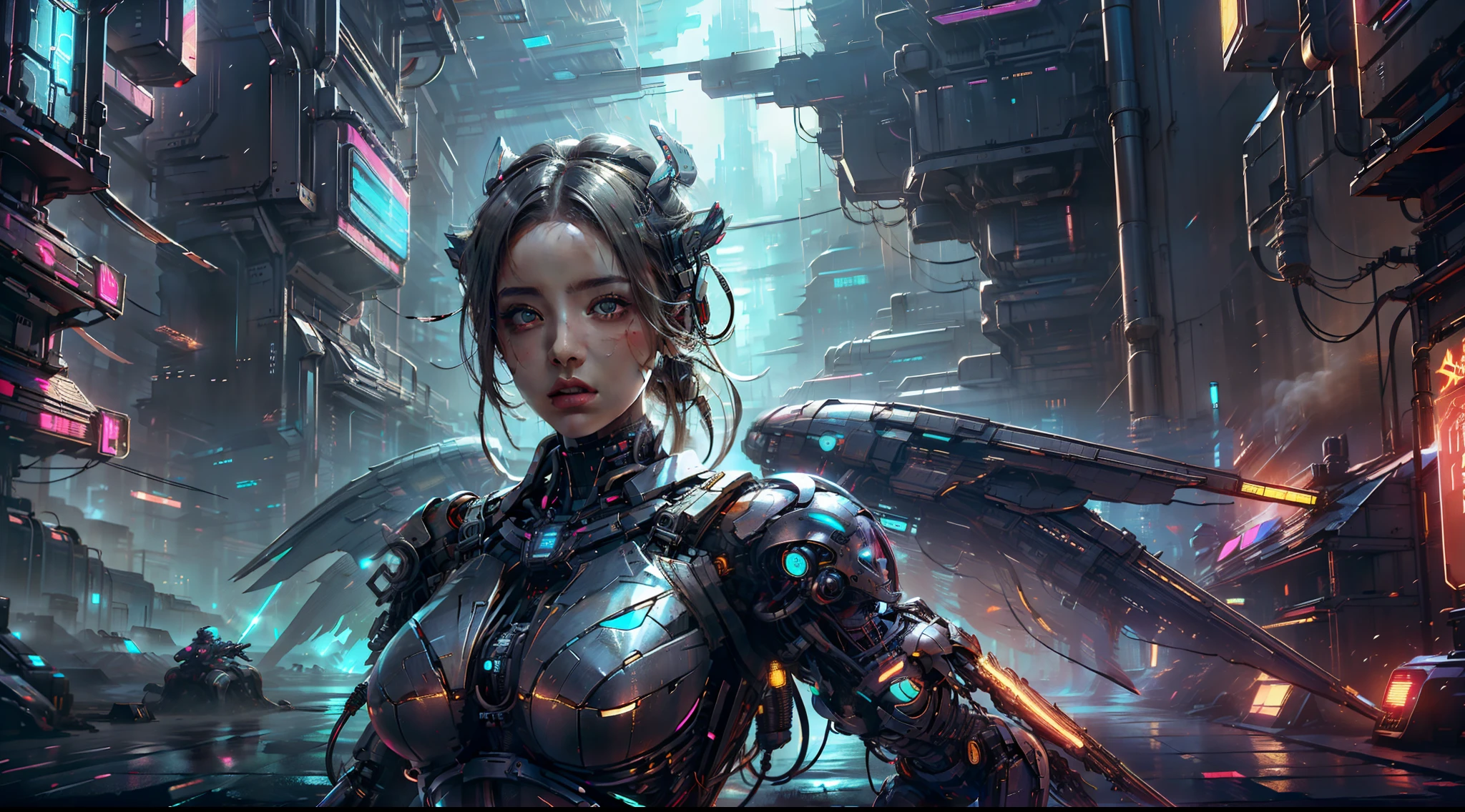 Girl in futuristic suit holding weapon,In front of the city of gunsmoke,Gunsmoke Street,battlefiled, Real women,Real face,cute female child, The perfect cyborg girl, Beautiful female ,beautiful girl cyborg,silber hair,robotic hand,CG,4K,dramatics,Large breasts,the night,Mechanical wings,cyber punk perssonage,(large wings:1.8),(Close portrait:1.3)