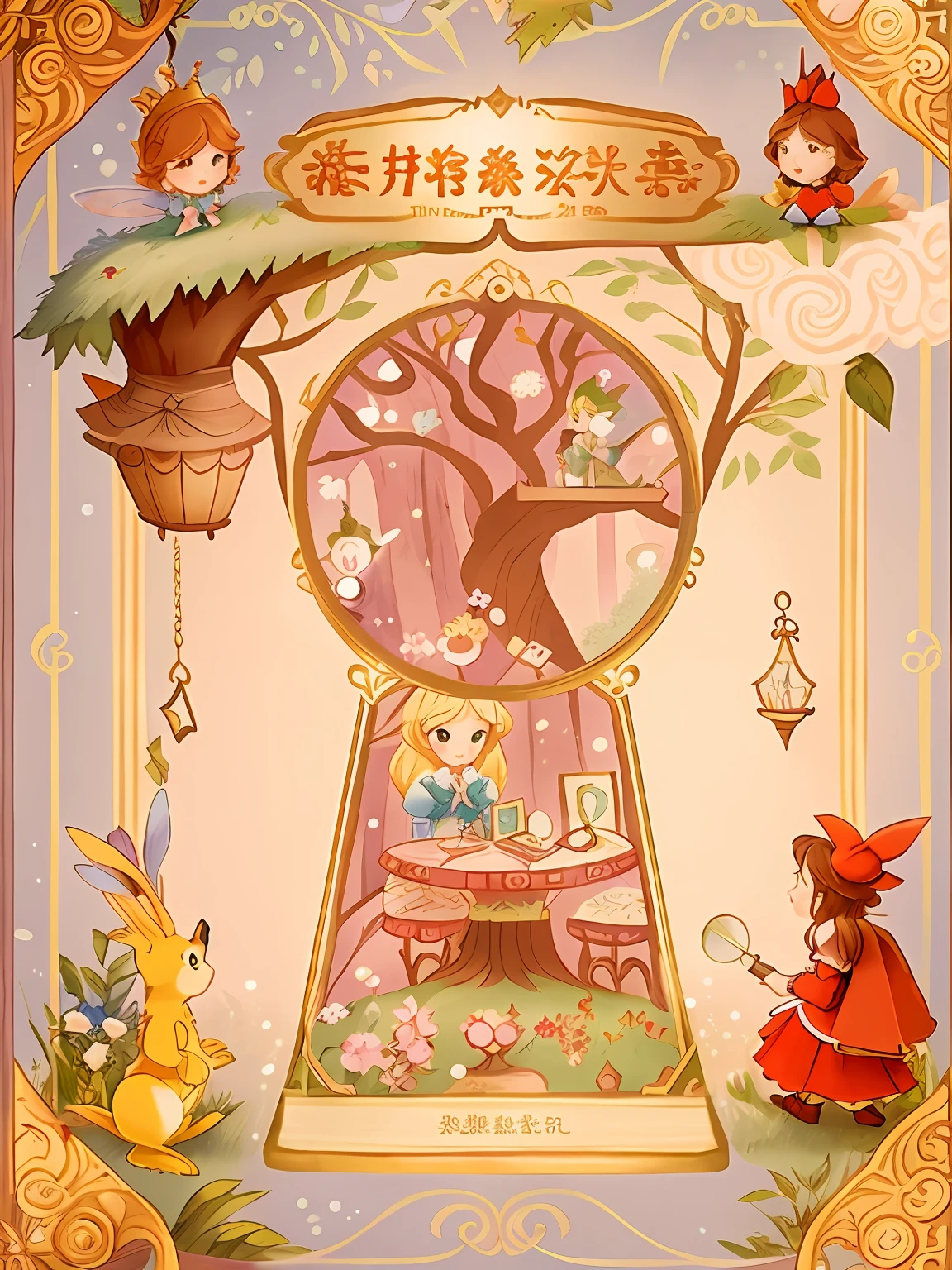 Fairy tale book cover、alice in the wonderland、style of disney animation、Tree holes、Alice falls into a tree hole、ln the forest、table light、mirrors、playingcards、bookshelves、key、A gateway to dreams、