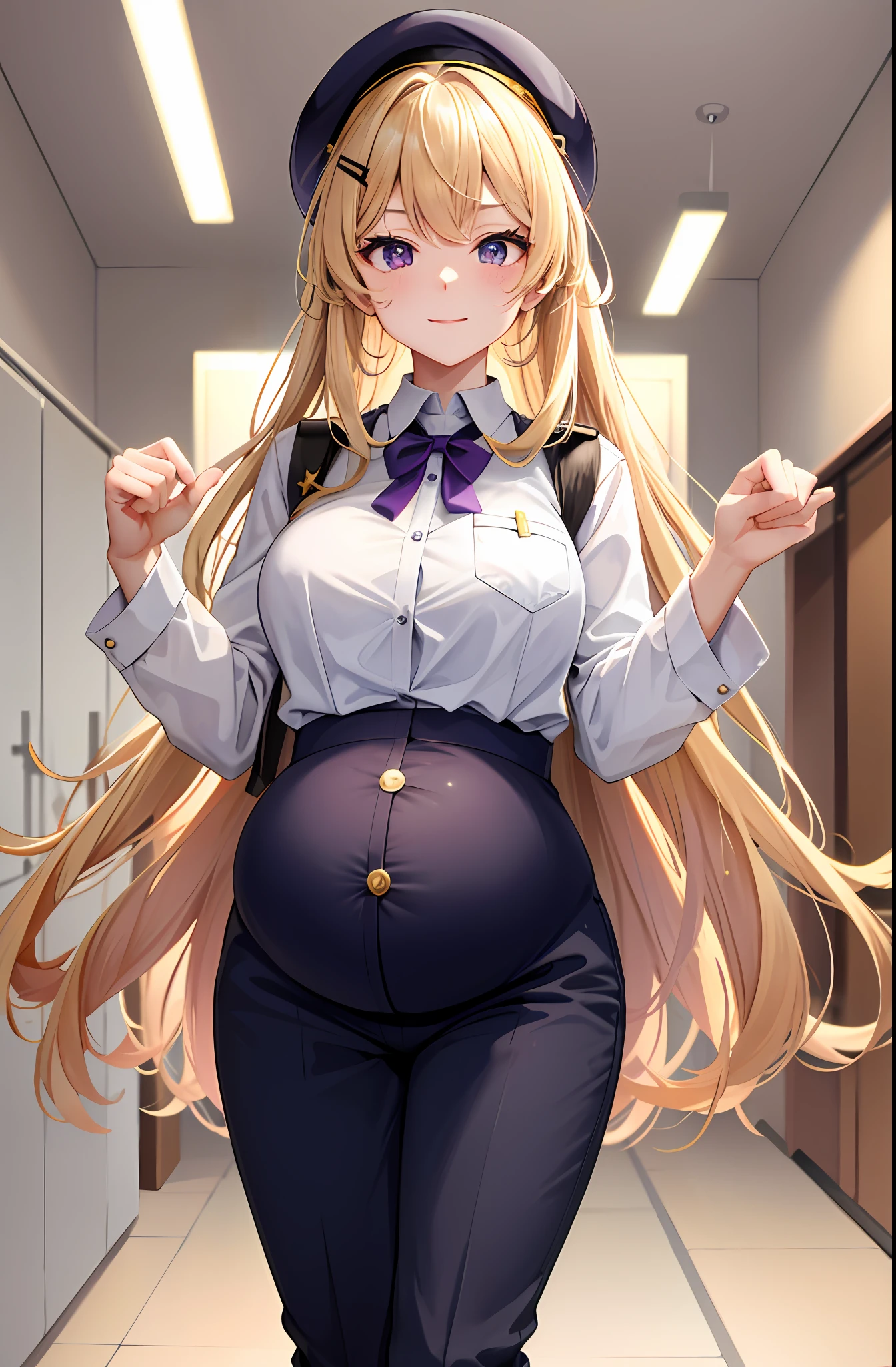 TakaRi， 独奏， 1girl， blond hairbl， long whitr hair， Purple eye， ssmile， standing on your feet， dynamicposes， 8k， tmasterpiece， best qualtiy， absurderes， Perfect anatomy， cinmatic lighting， cowboy lens， （Police uniform：1.1）， trouser，pregnant belly，Pregnant belly