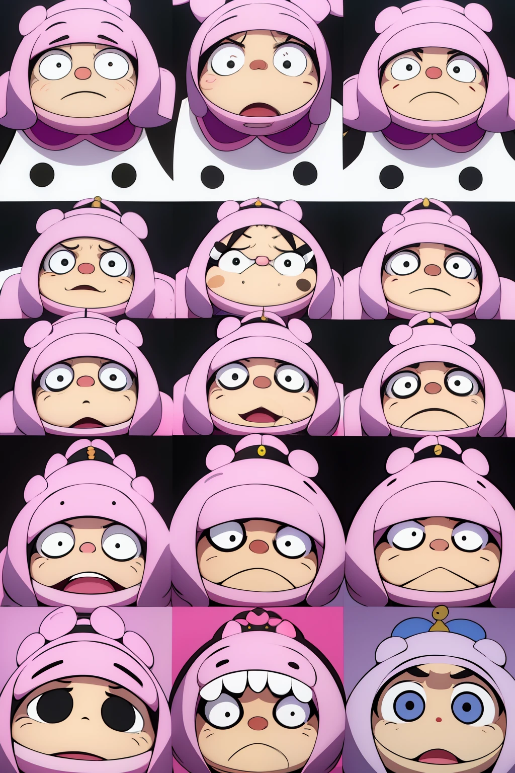 A cute little hippopotamus with various expressions, happy, sad, angry, expectant, laughing, disappointed, cute eyes, white background, cute style