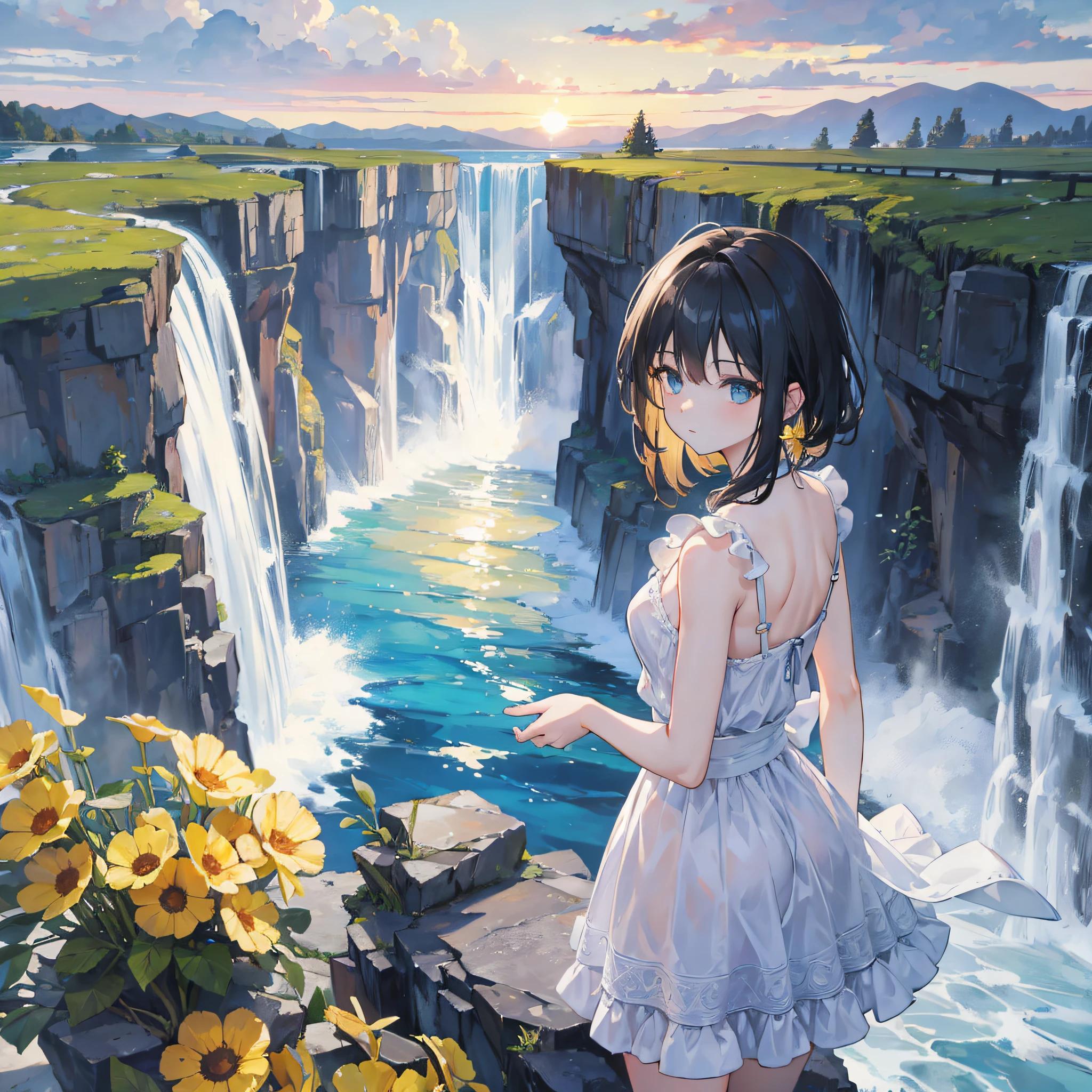masterpiece:1.3),(best quality),(ultra-detailed),,8k,semi-realistic,4k,RTX,shaders,brilliant texture work,1 girl,16 years old , river running between the 2 cliff, waterfall , sunset, detailed river, yellow theme sky, cloud, detailed sun, detailed cloud, detailed water, standing under the waterfal, looking at viewer