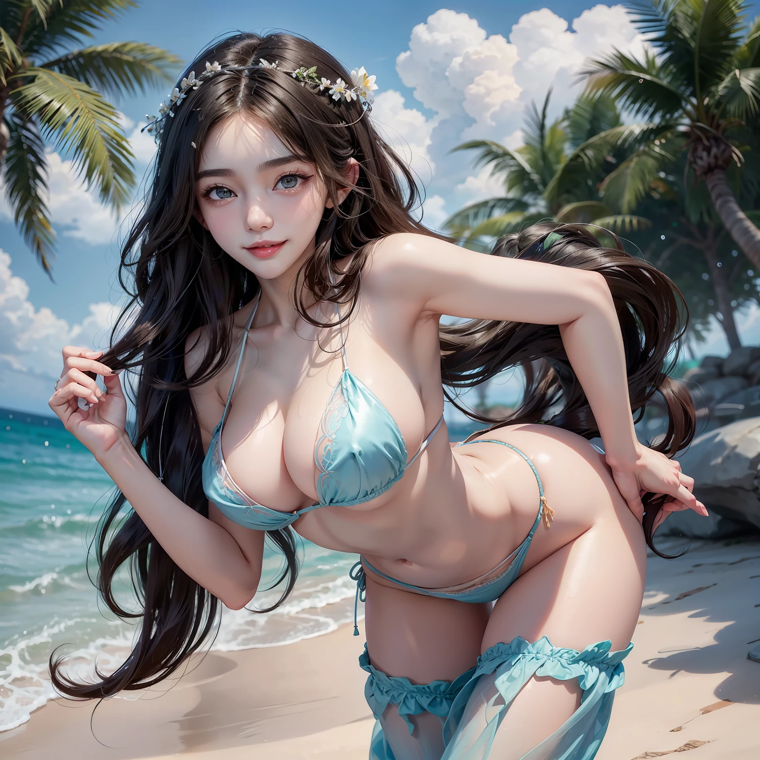 Beautiful woman at 20 years old、Wavy shorthair、Beautiful big eyes、Detailed cute face、Superb Style、Taut、toned waist、Beautiful butt、A smile full of happiness、See-through string bikini、String pants、