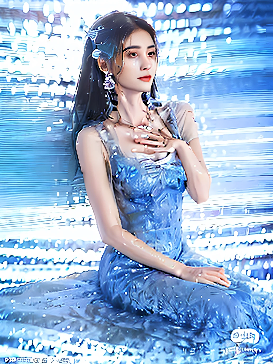 Woman sitting on blue surface in dress, real photoshoot queen of oceans,  closeup fantasy with water magic,  wearing a dress made of water, Ethereal beauty, a stunning young ethereal figure