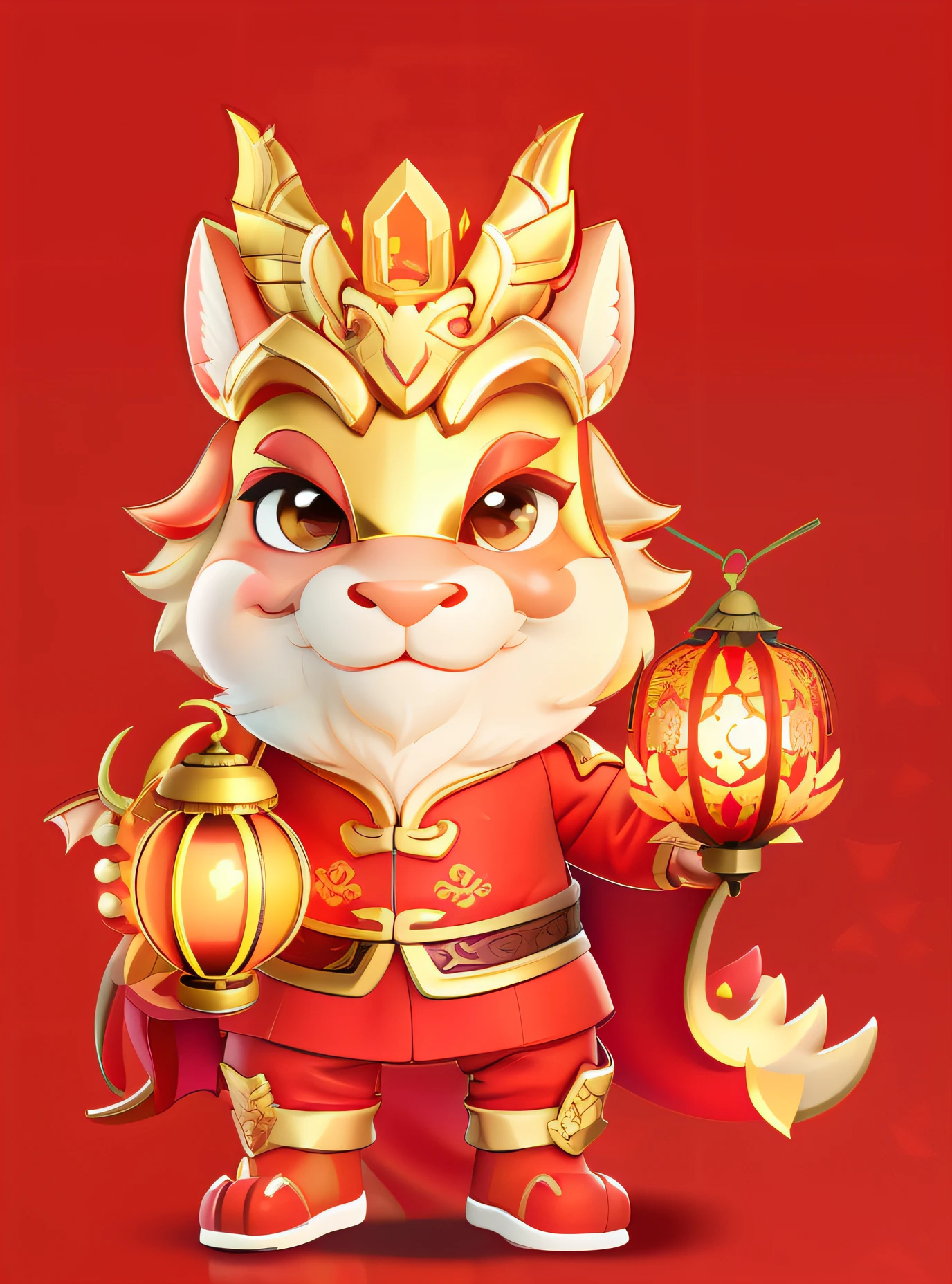 Cartoon Dragon，illustration，2D effect，China-style，New Year mascot，Holding a lantern in his left hand，Holding a gold ingots in his right hand，largeeyes，ssmile，Dragon horns on the head（deer antlers）