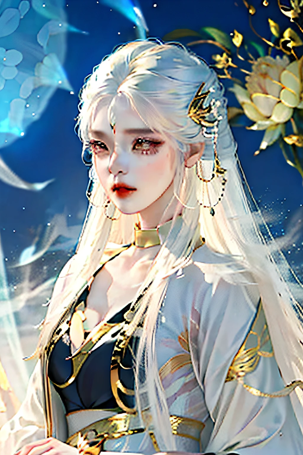 A girl with long white hair and black pupils wearing a white Hanfu，apathy，Back Shadow，There is a golden lotus pattern on the back of the clothes，The collar and cuffs have a gold-trimmed pattern，Endless white ground，surrounded by cloud，themoon，Background bokeh，Center composition