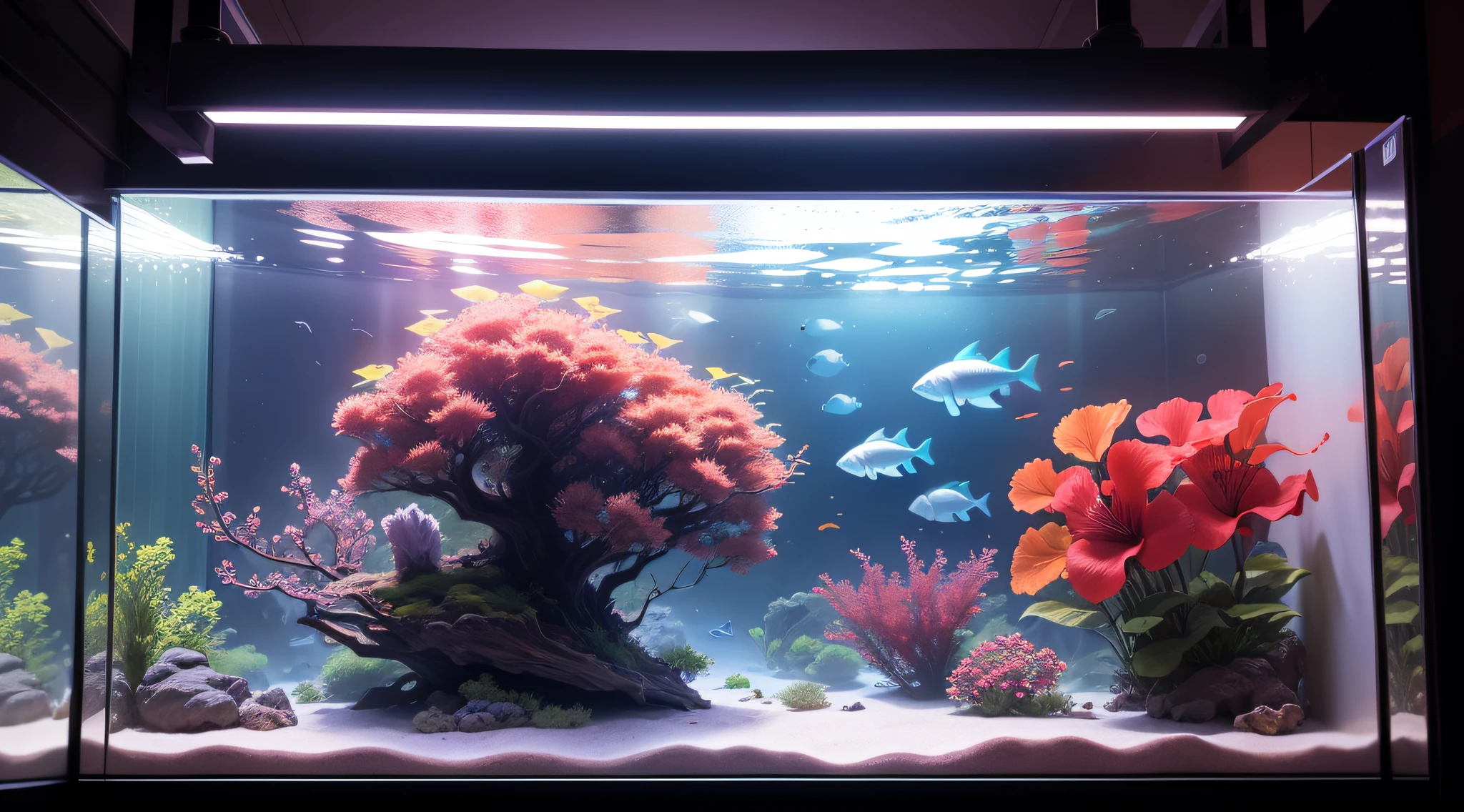 Giant aquarium in an aquarium、Multiple hibiscus in the aquarium、top-quality、8K、masterpiece、a picture、Photorealsitic、Raw photography、top-quality、high-detail、真实感、photos realistic、Professional color correction