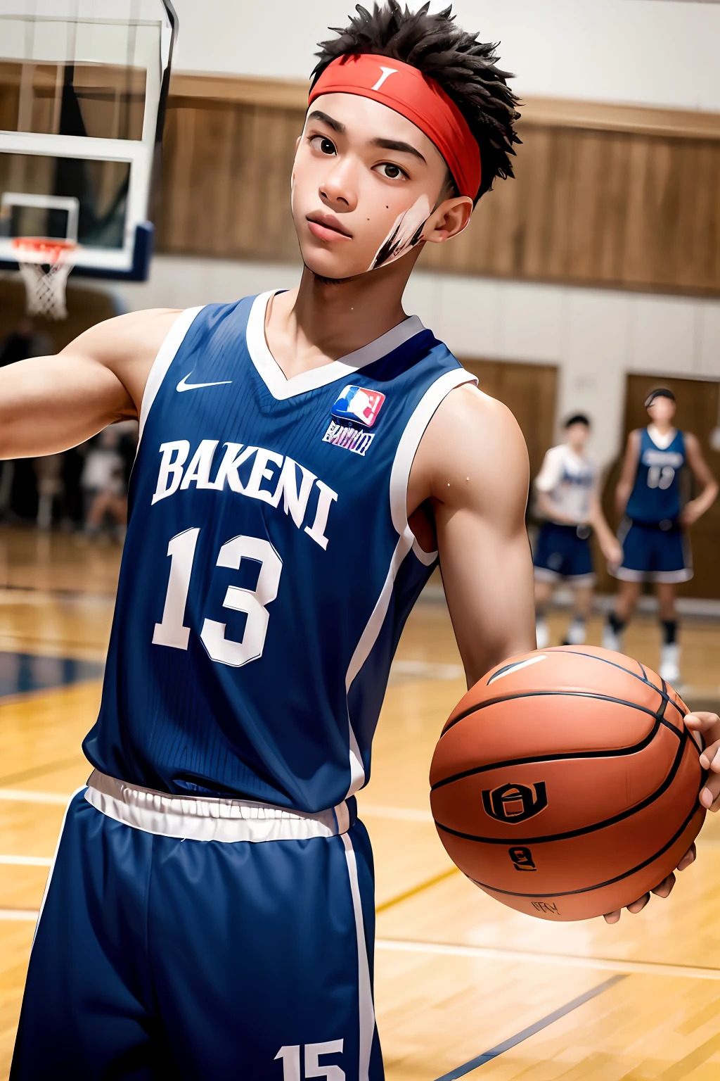 A 17-year-old boy who plays basketball,Realisticstyle。Short hair,Sweat on the face。A red headband is tied around his head,Hair is slightly moist。Be on the school basketball court,wearing basketball outfit,Because it was too hot to play basketball, I took off my upper body basketball vest and placed it on my left hand,The upper body of the little boy is slightly exposed,His lower body is wearing a pair of light blue basketball shorts。The leg injury still bears the scars left by being knocked down in the last game,There is an upper scar on the thigh joint。The boy holds a basketball in his right hand ready to shoot