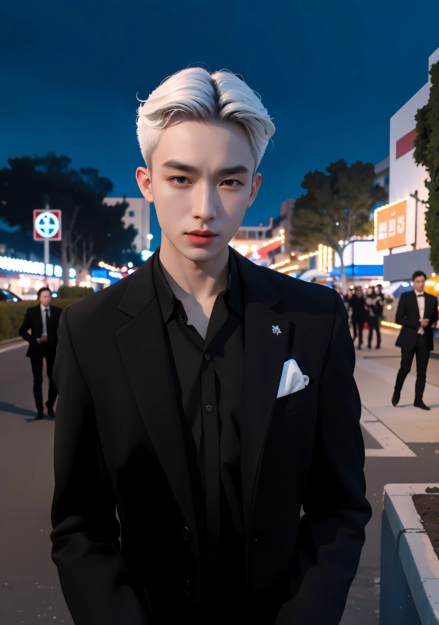 Mafia, 1 guy 23 years old, lake, 3/4 body, portrait, deep of field, f/0.5, 200mm, manly, handsome, detailed skin description, realistic, detailed face description, 1 men, white hair, cinematic lighting, bleeding wound, cool face, standing in front of the gang, black suit, night city